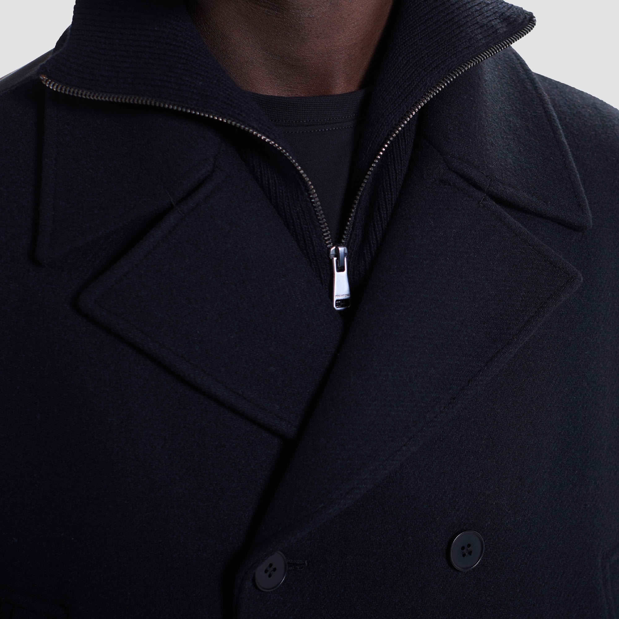 Tweed Peacoat With Leather Trim