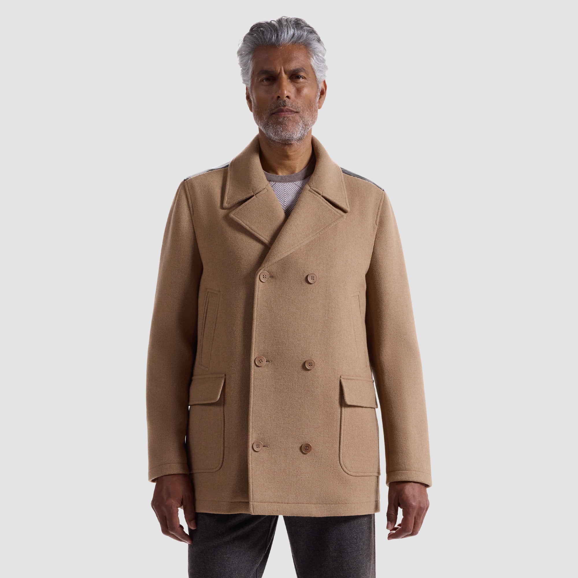 Tweed Peacoat With Leather Trim