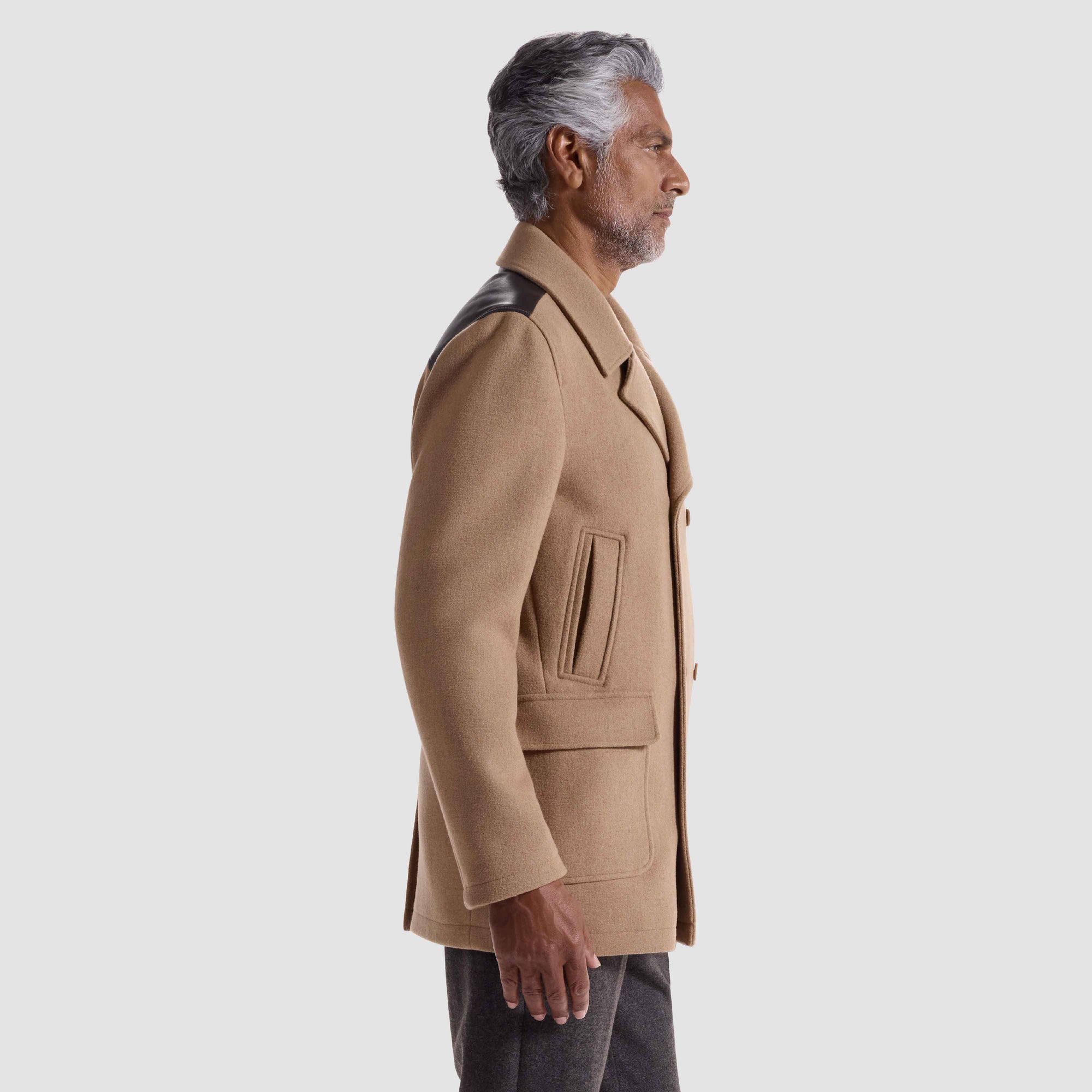 Tweed Peacoat With Leather Trim