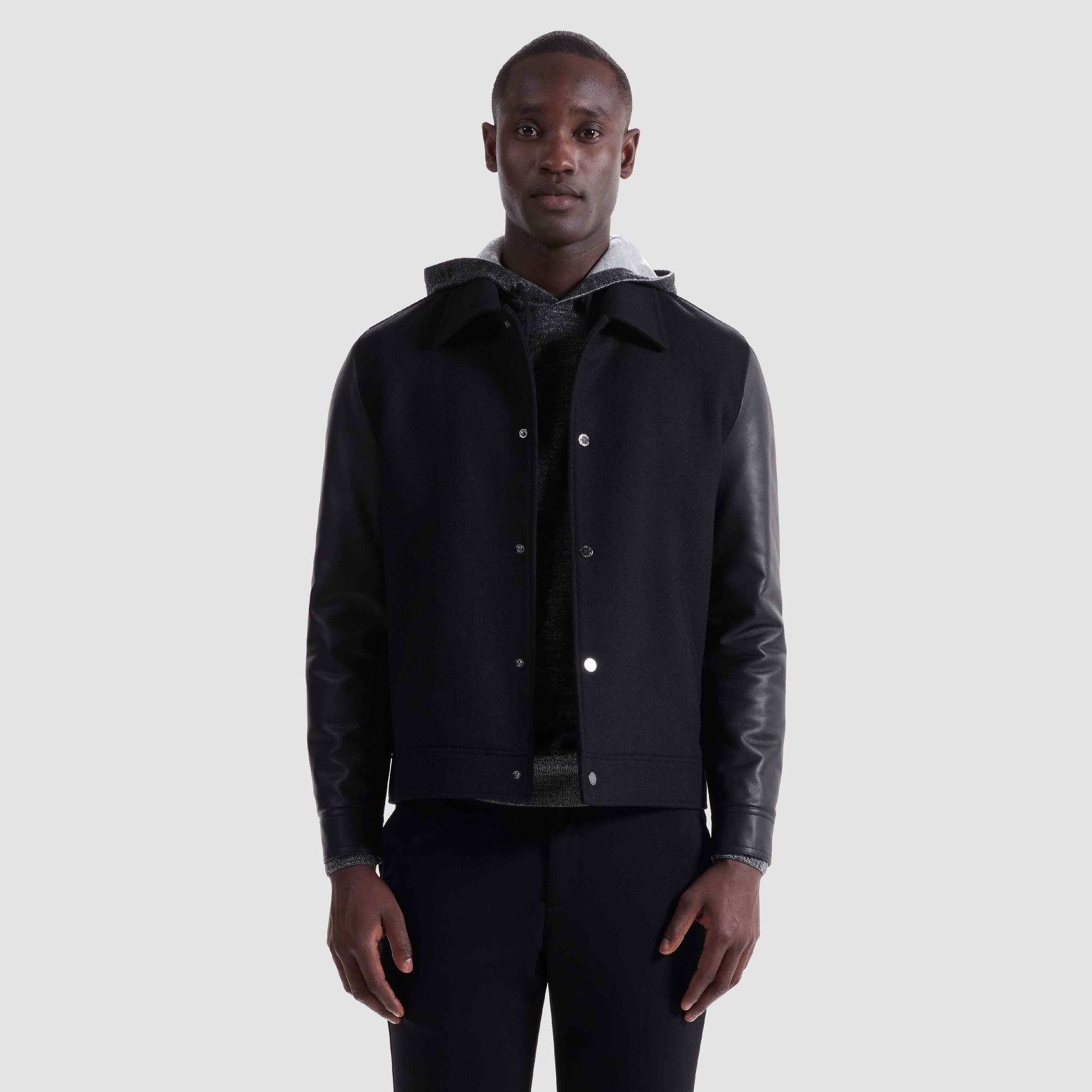 Tweed Blouson With Leather Sleeves