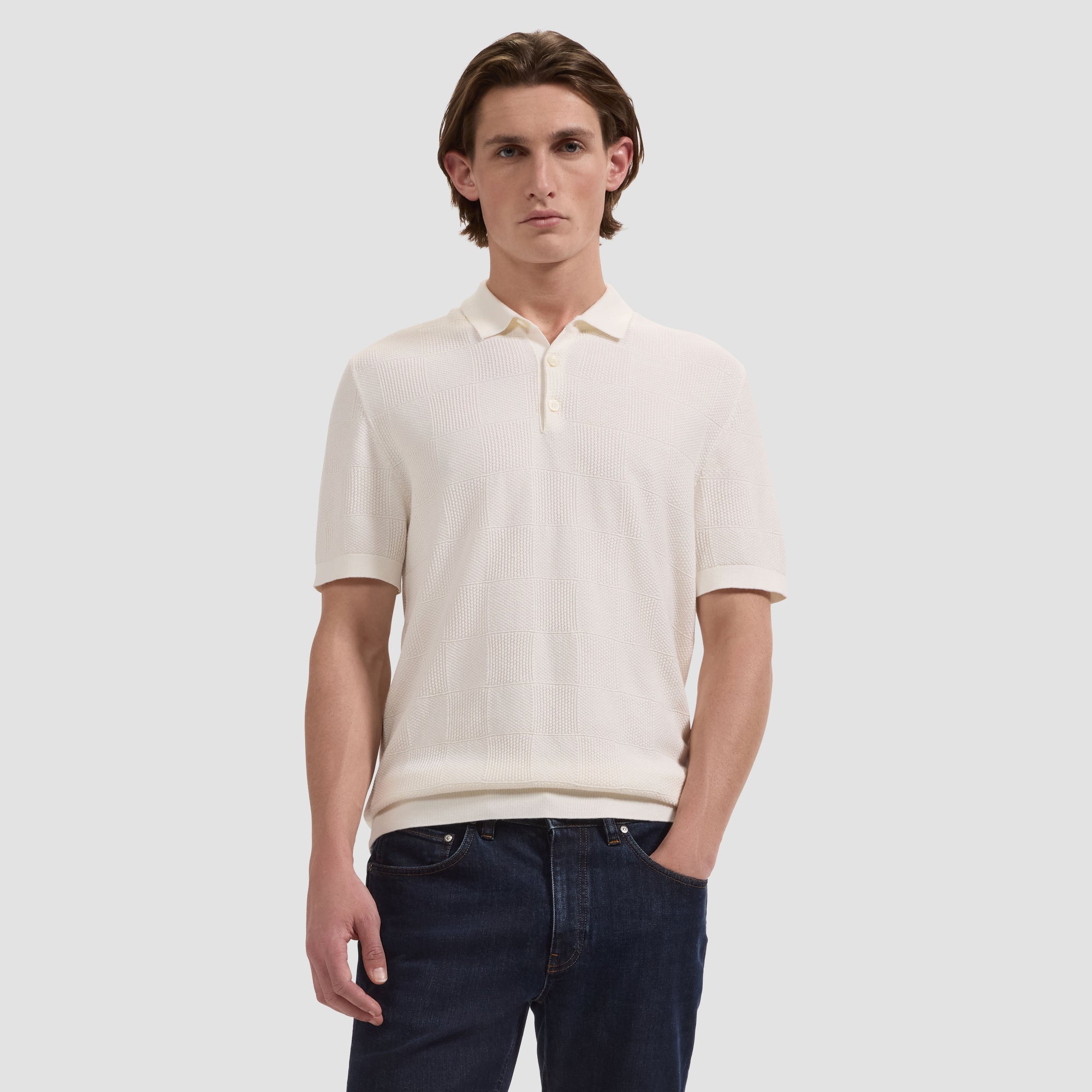 Textured Check Short-Sleeve Polo Sweater