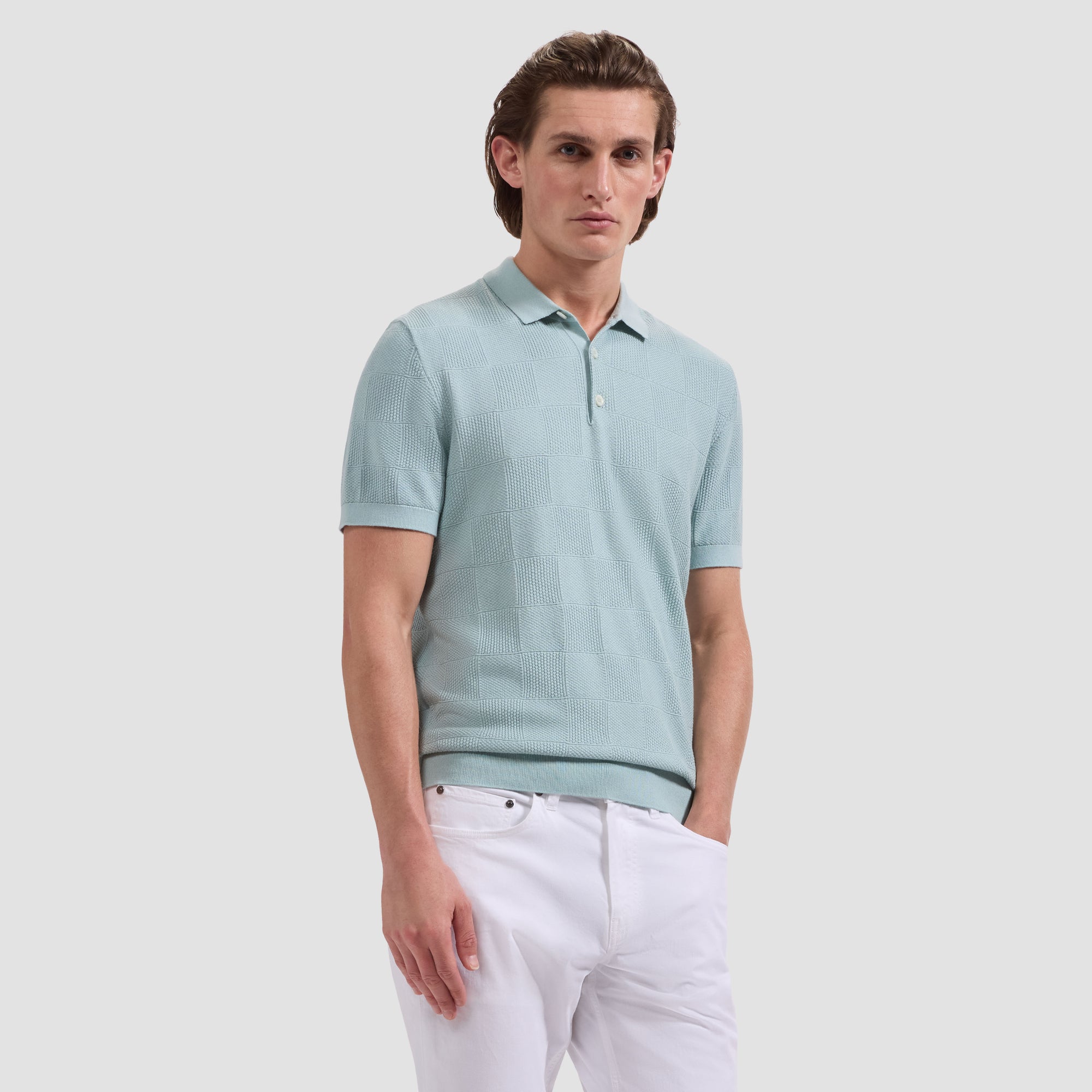 Textured Check Short-Sleeve Polo Sweater