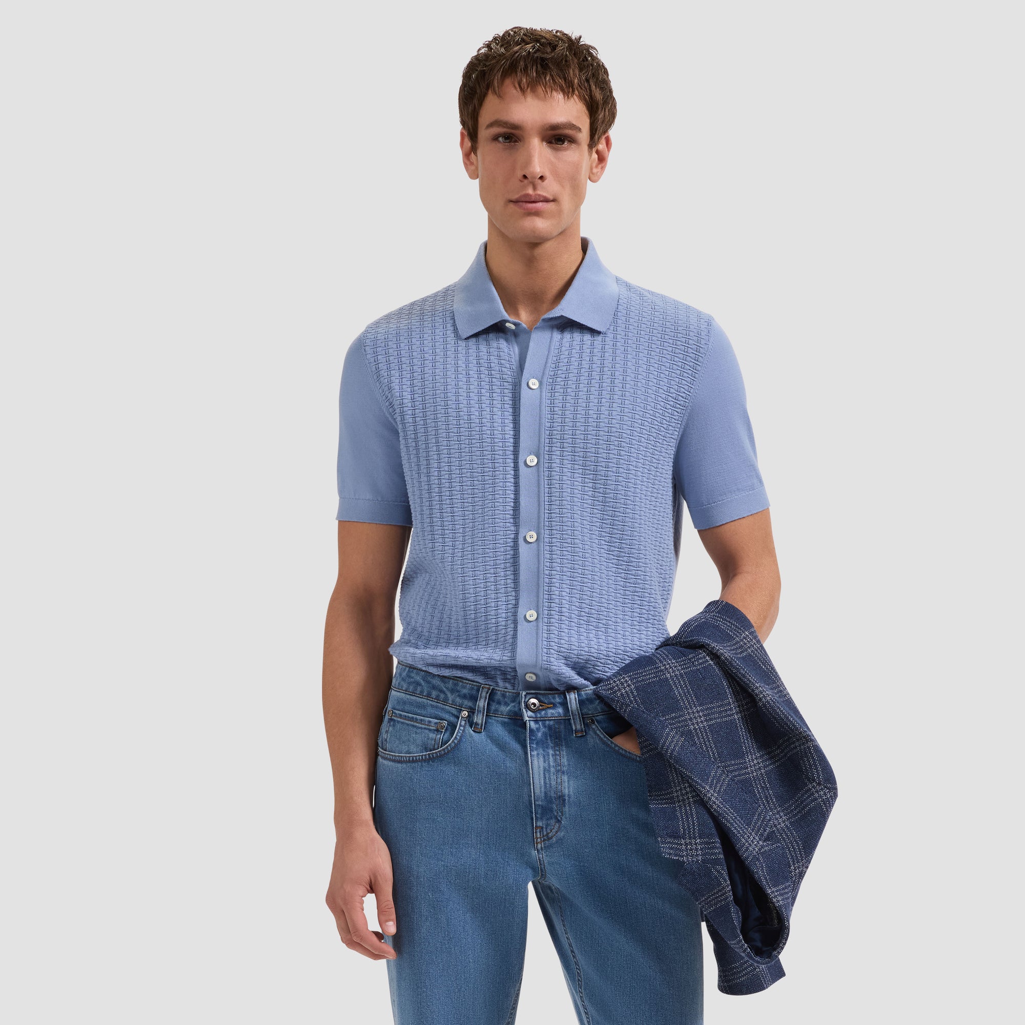 Basketweave Button-Front Short-Sleeve Sweater