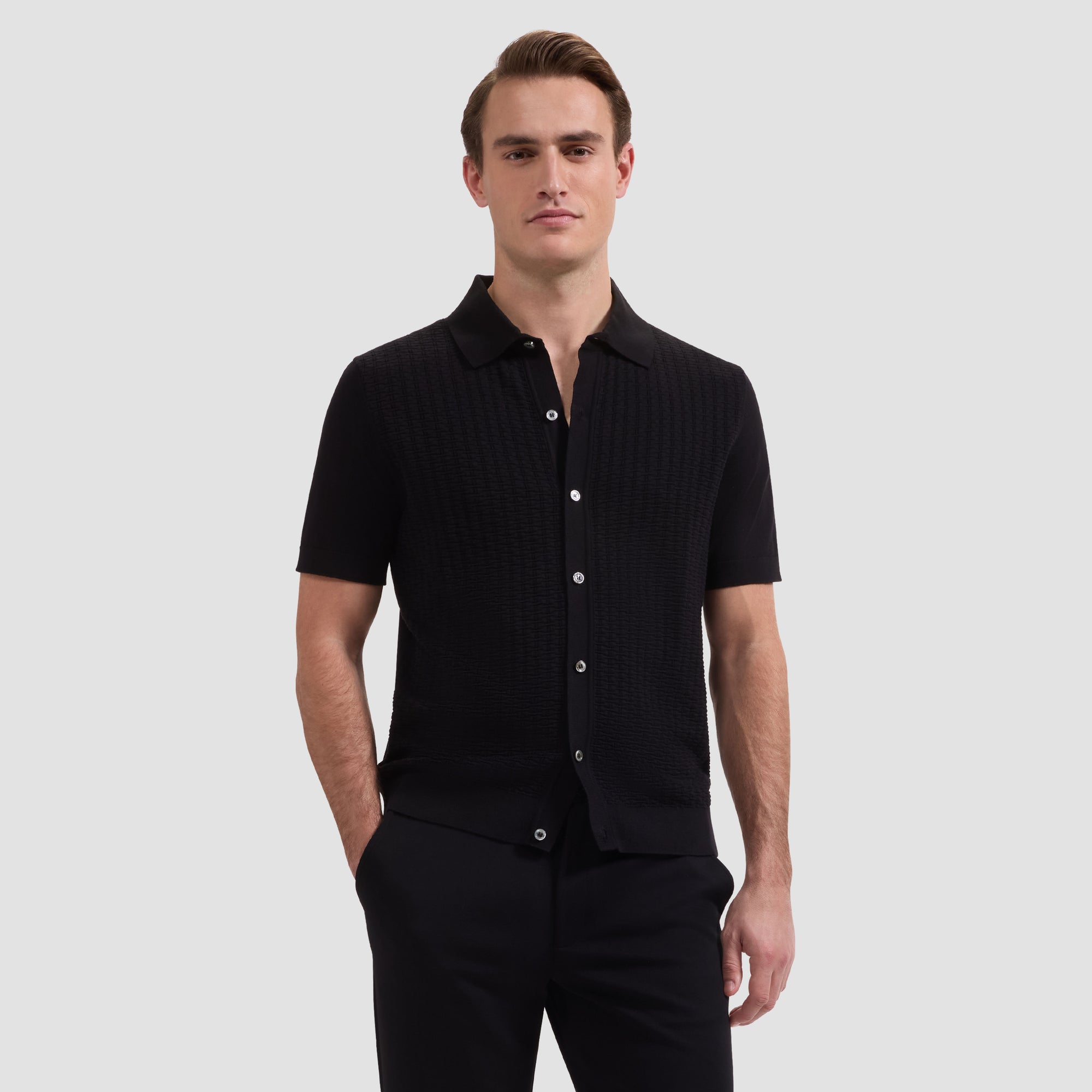 Basketweave Button-Front Short-Sleeve Sweater