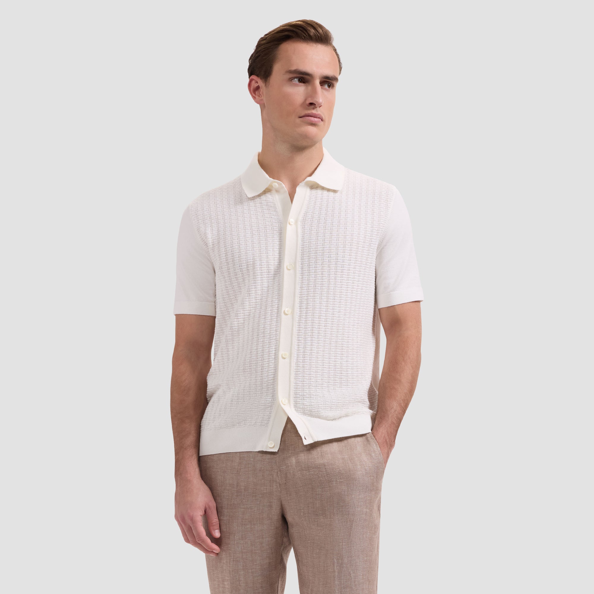 Basketweave Button-Front Short-Sleeve Sweater