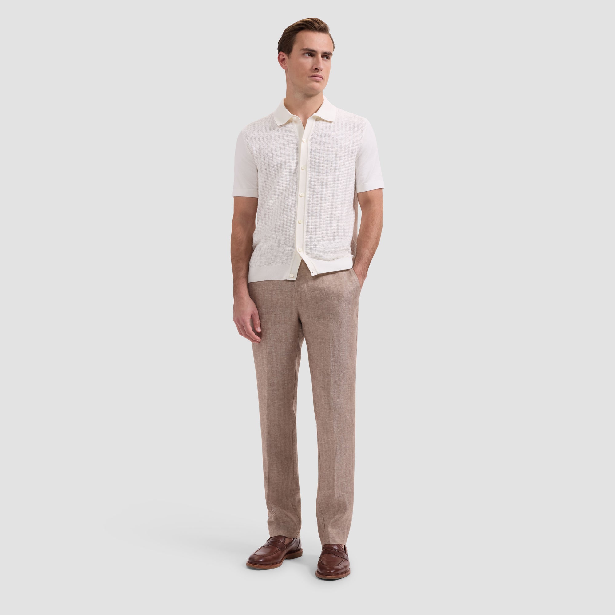 Basketweave Button-Front Short-Sleeve Sweater