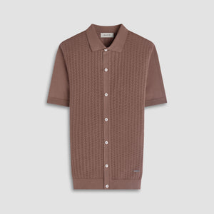 Basketweave Button-Front Short-Sleeve Sweater