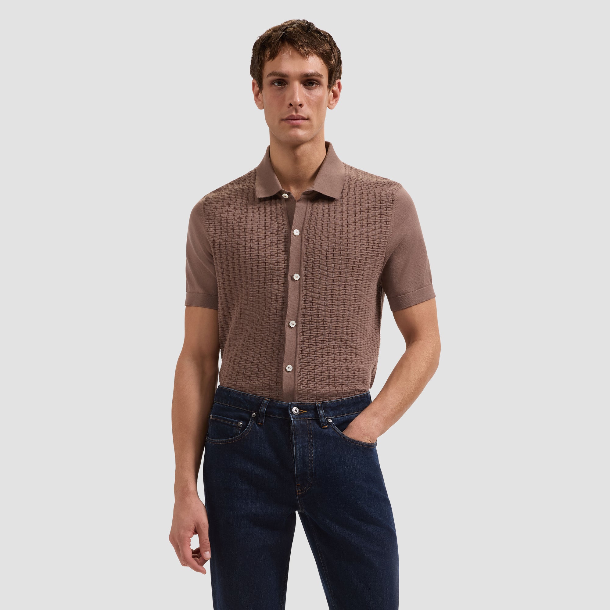 Basketweave Button-Front Short-Sleeve Sweater