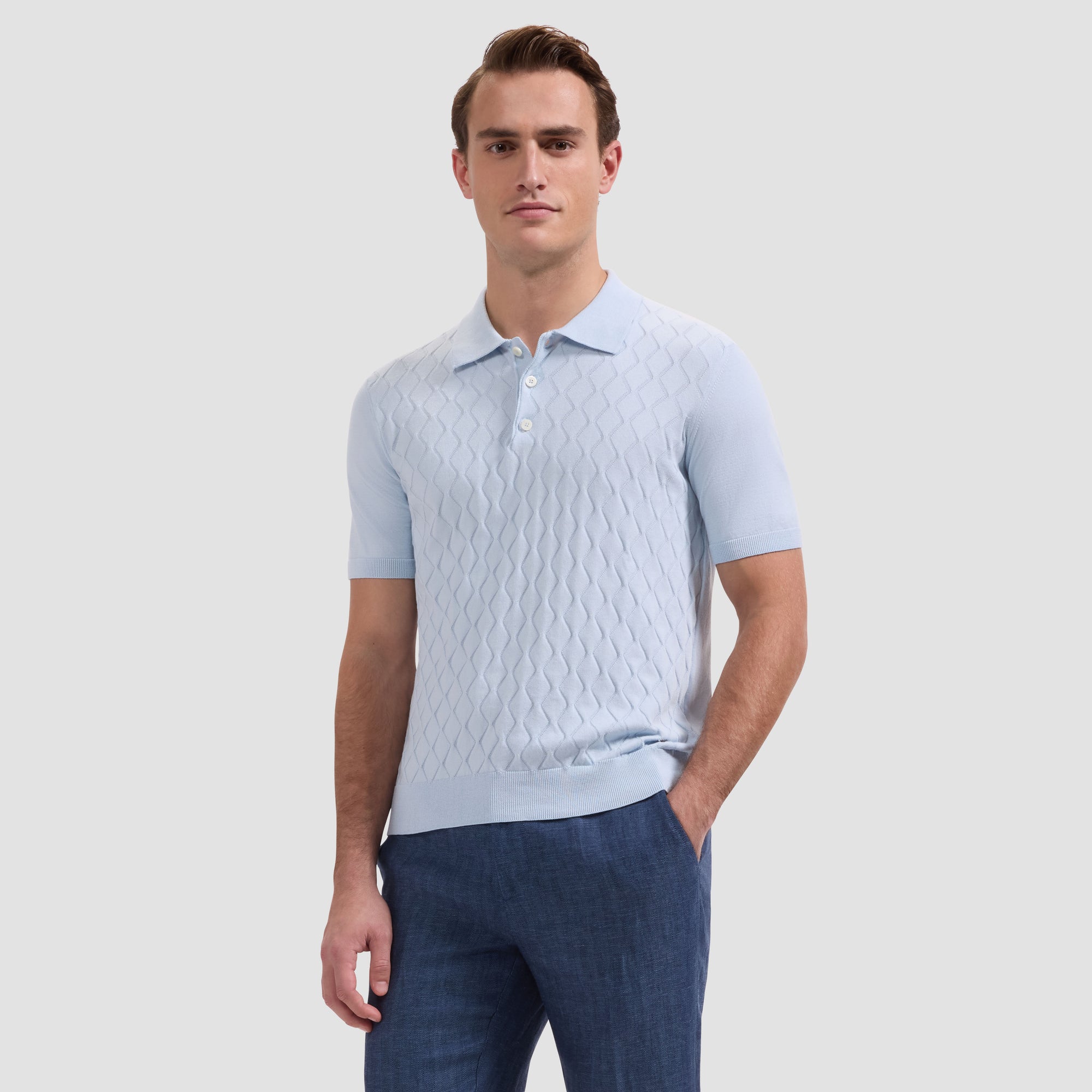 Embossed Wave Short-Sleeve Polo Sweater