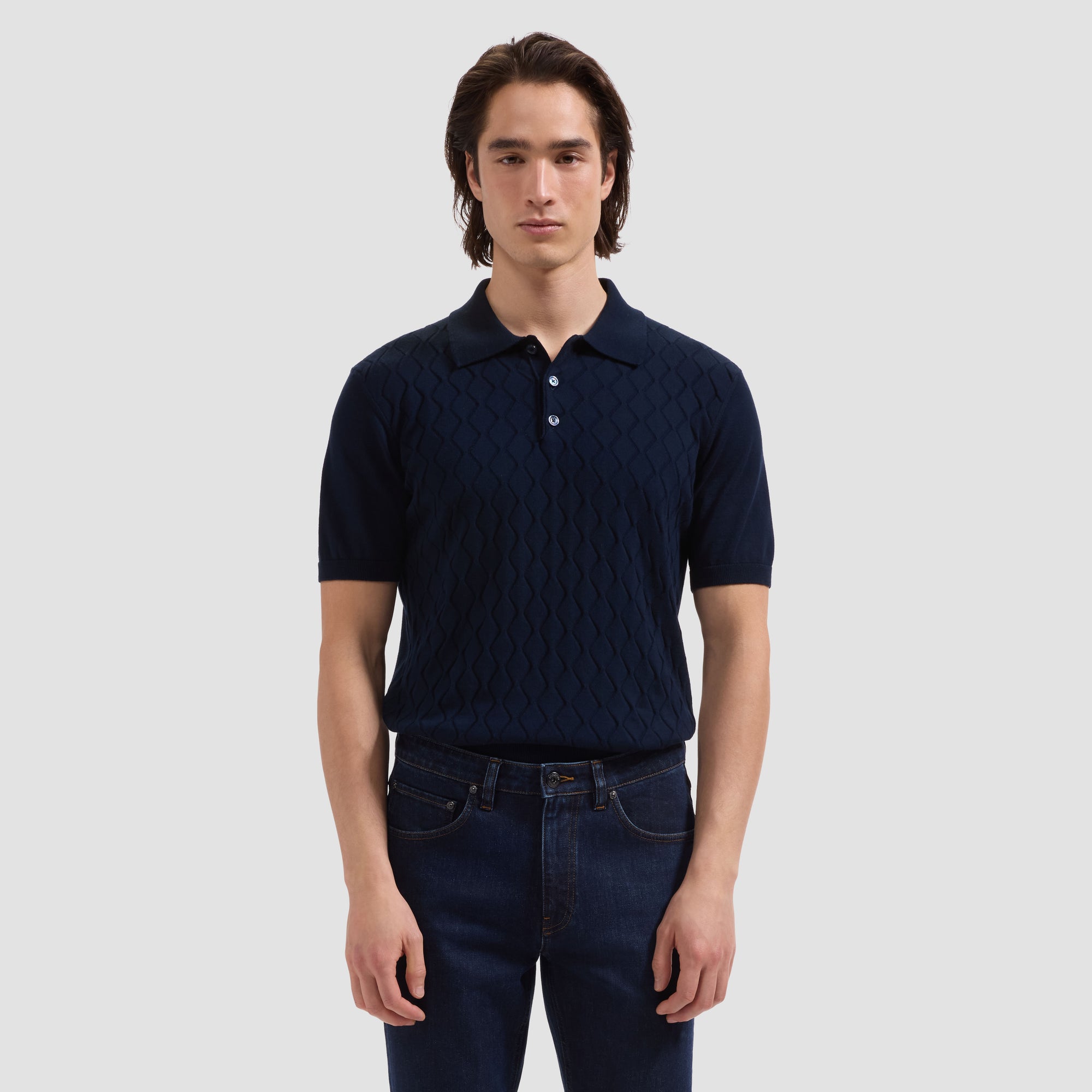 Embossed Wave Short-Sleeve Polo Sweater
