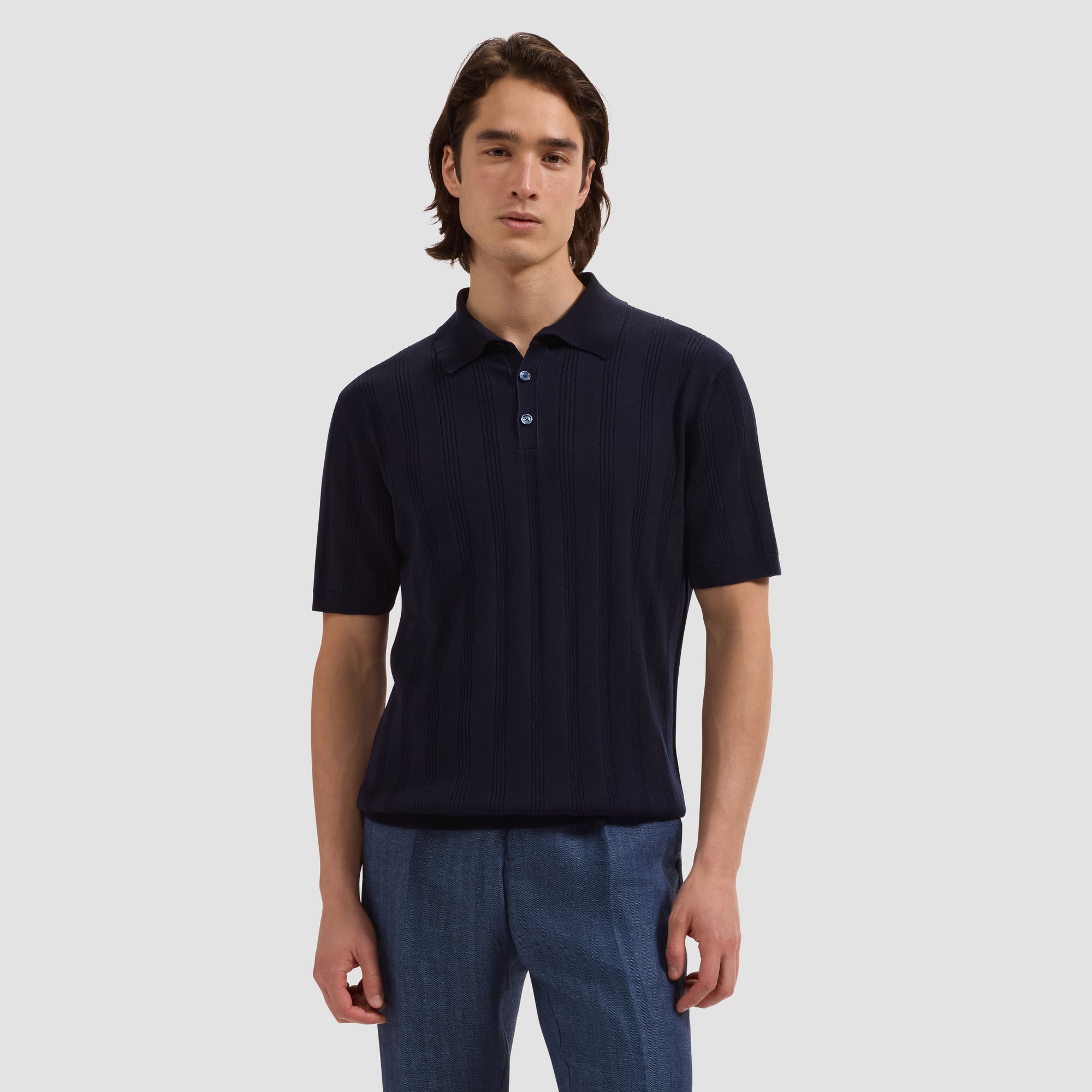 Raised Stripe Short-Sleeve Polo Sweater