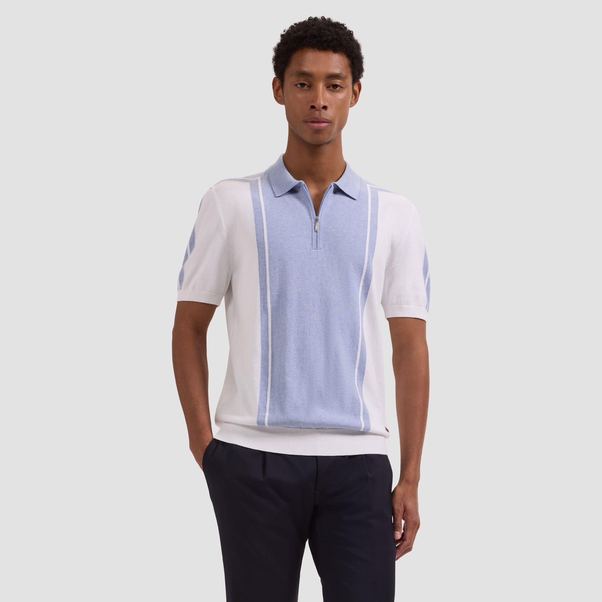 Contrast Panel Short-Sleeve Quarter-Zip Sweater