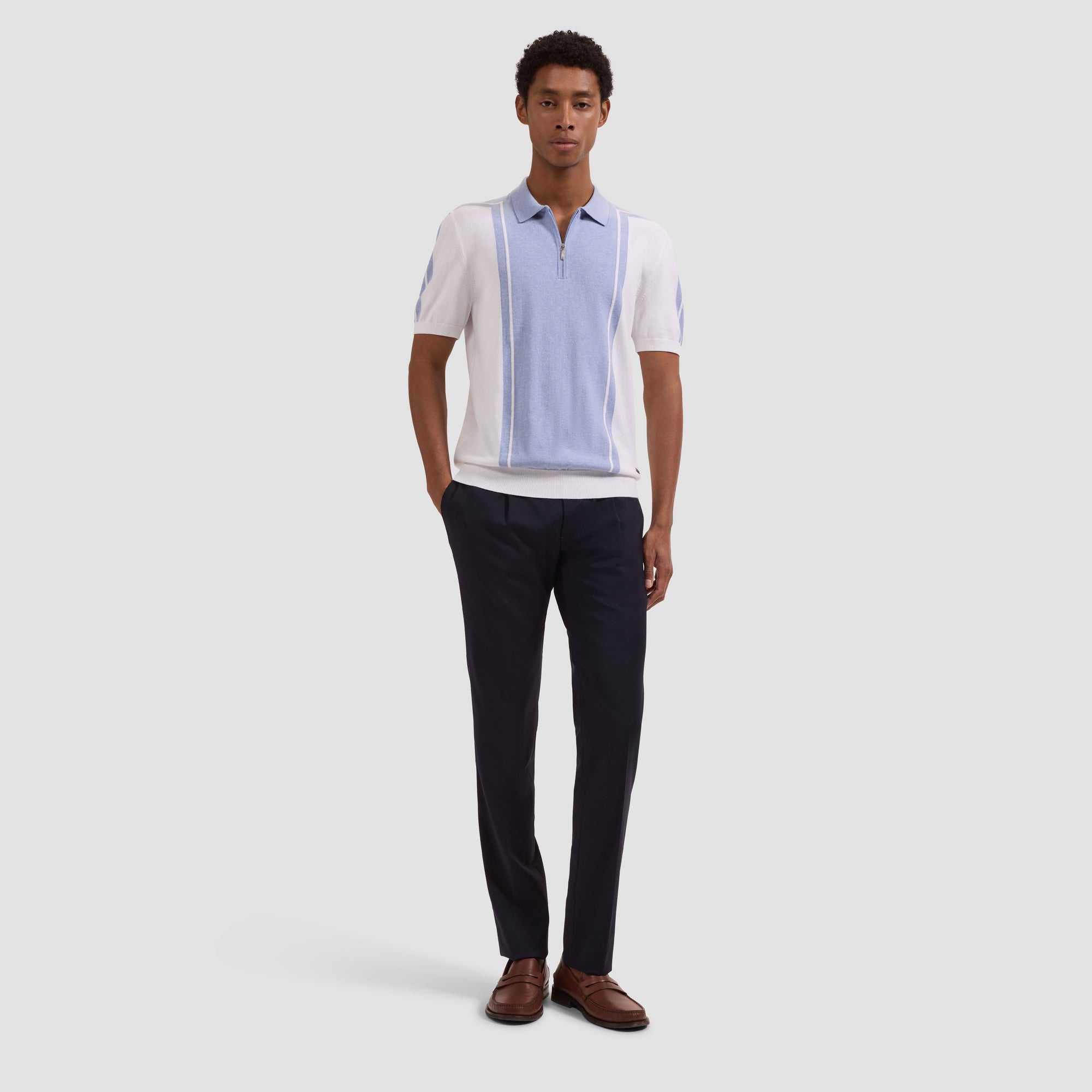 Contrast Panel Short-Sleeve Quarter-Zip Sweater