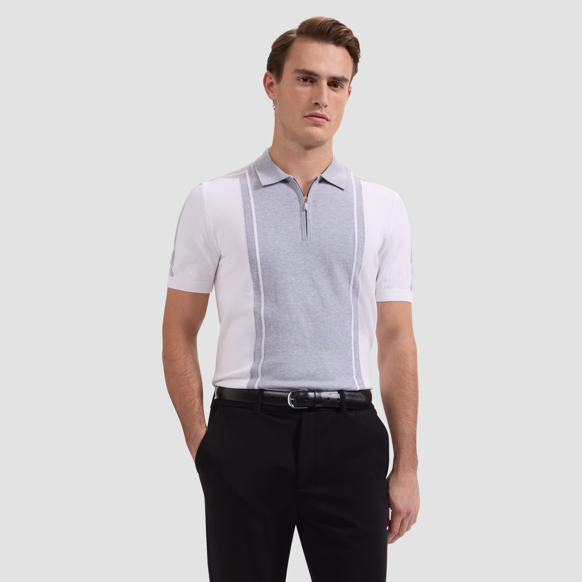 Contrast Panel Short-Sleeve Quarter-Zip Sweater