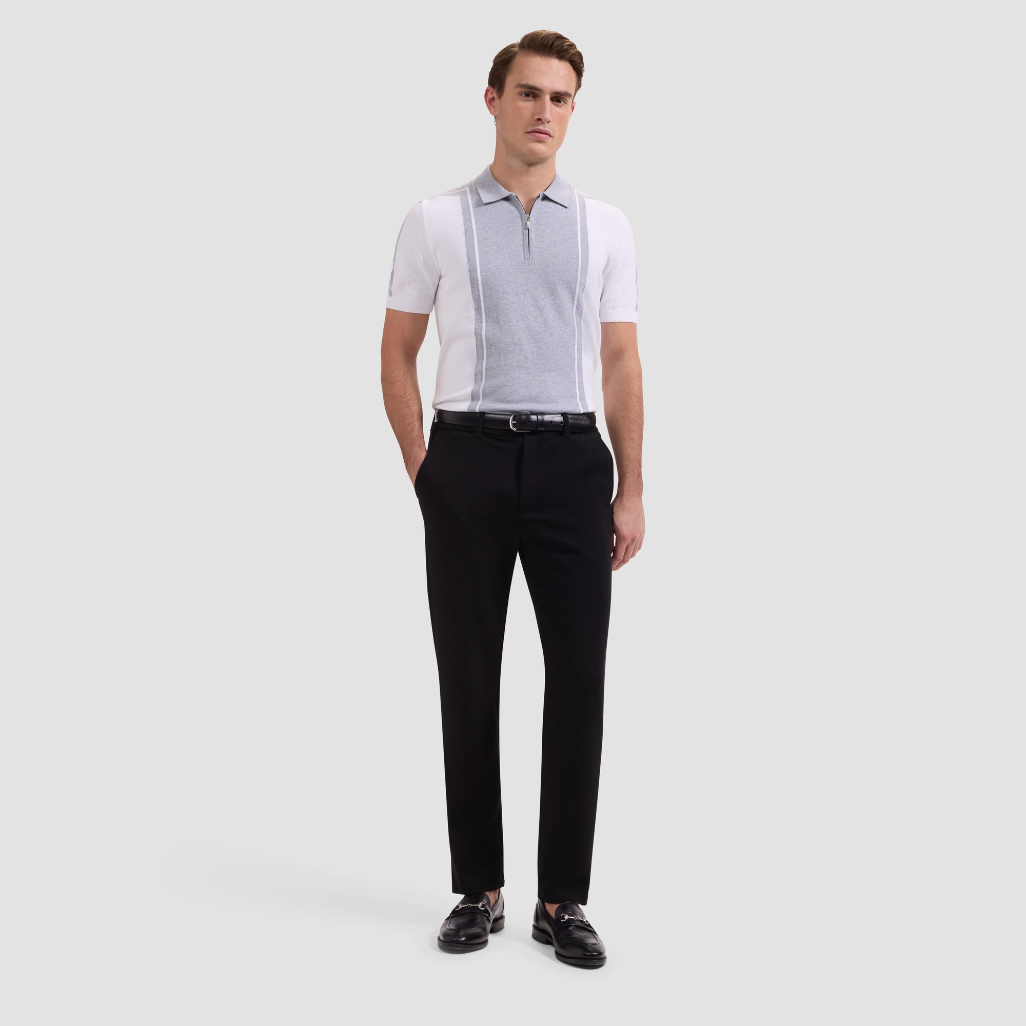 Contrast Panel Short-Sleeve Quarter-Zip Sweater