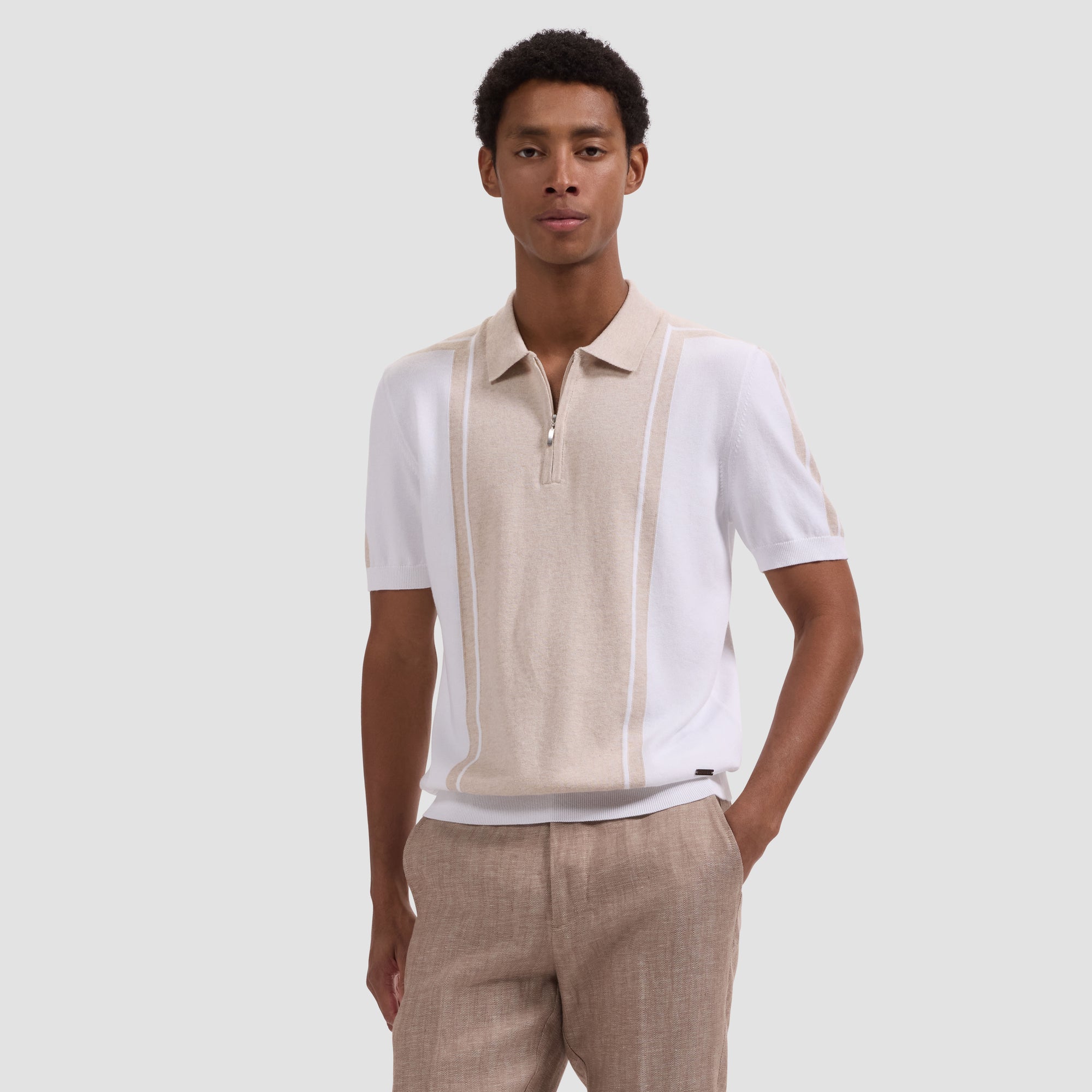 Contrast Panel Short-Sleeve Quarter-Zip Sweater