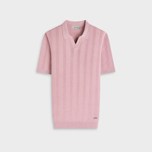 Textured Stripe Johnny Collar Short-Sleeve Sweater