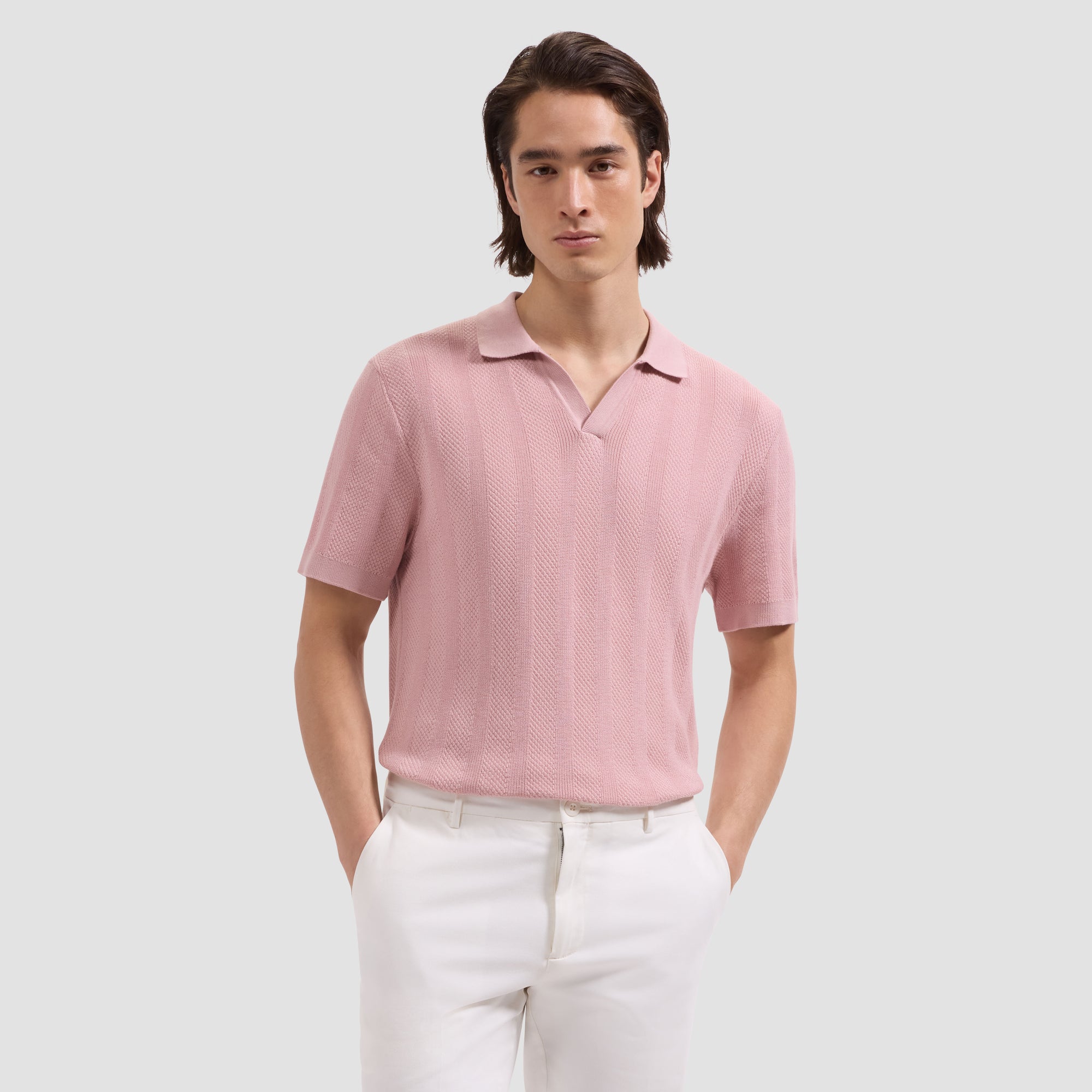 Textured Stripe Johnny Collar Short-Sleeve Sweater