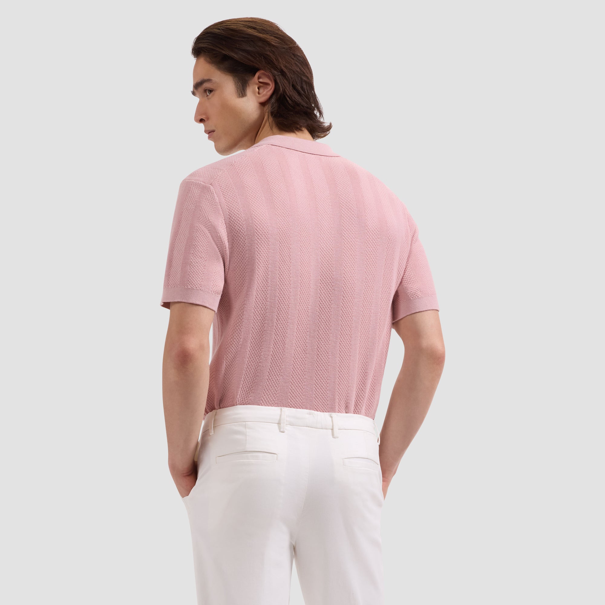 Textured Stripe Johnny Collar Short-Sleeve Sweater