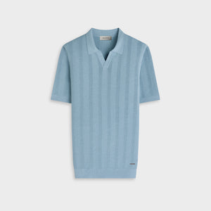 Textured Stripe Johnny Collar Short-Sleeve Sweater