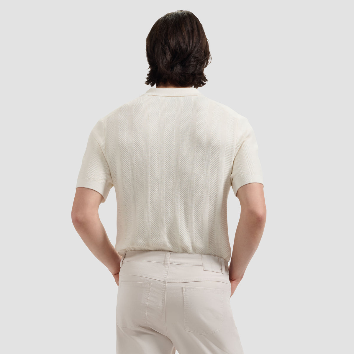 Textured Stripe Johnny Collar Short-Sleeve Sweater