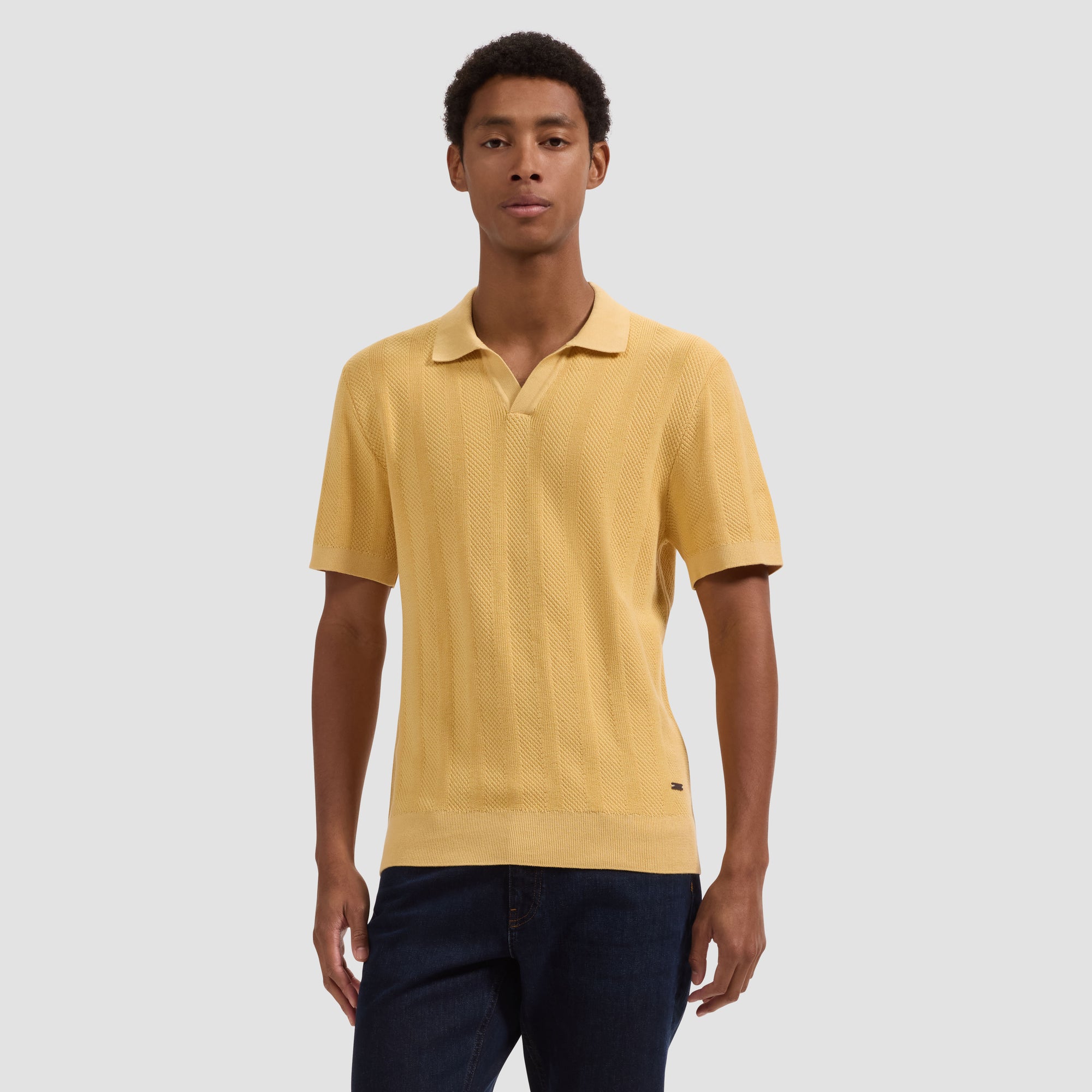 Textured Stripe Johnny Collar Short-Sleeve Sweater