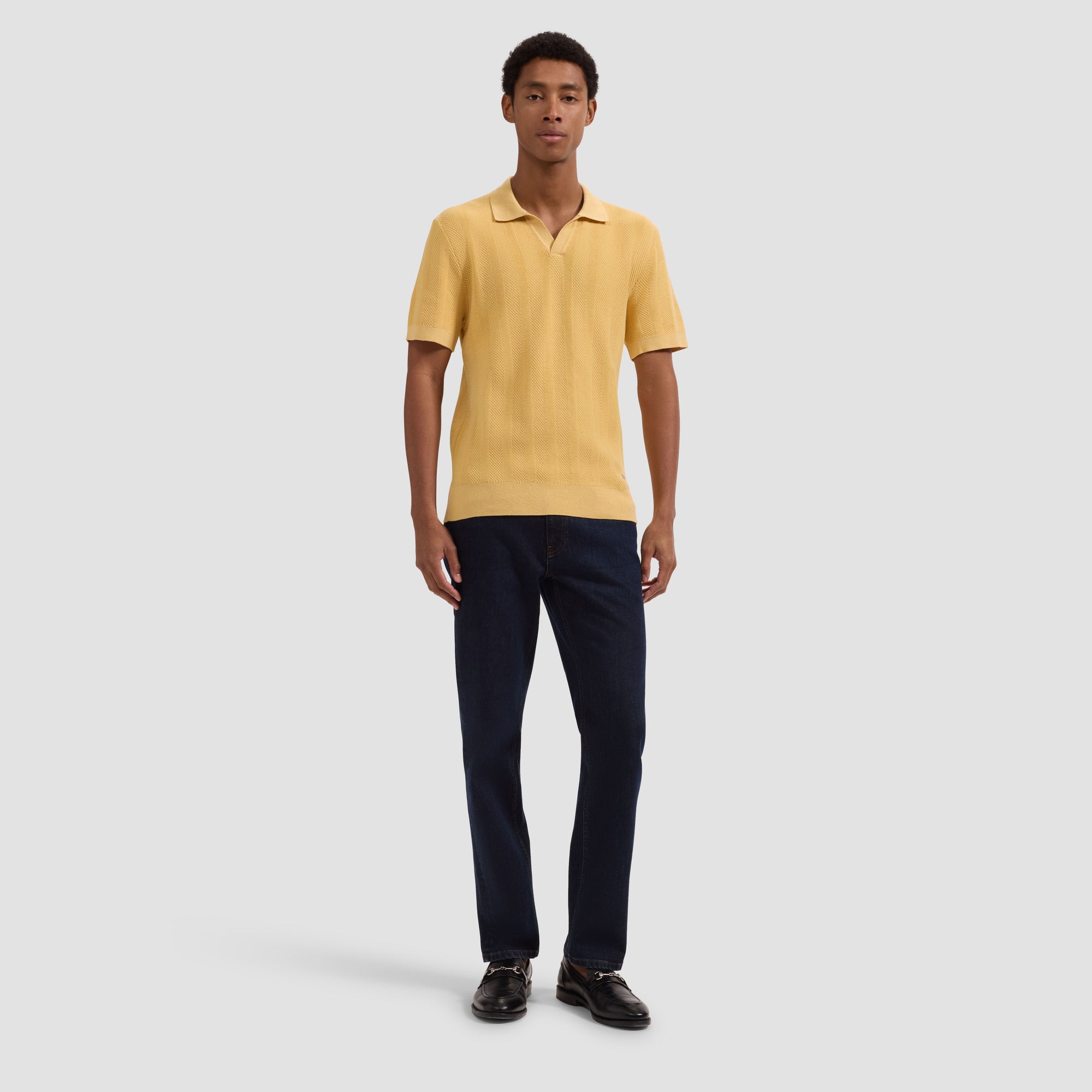 Textured Stripe Johnny Collar Short-Sleeve Sweater