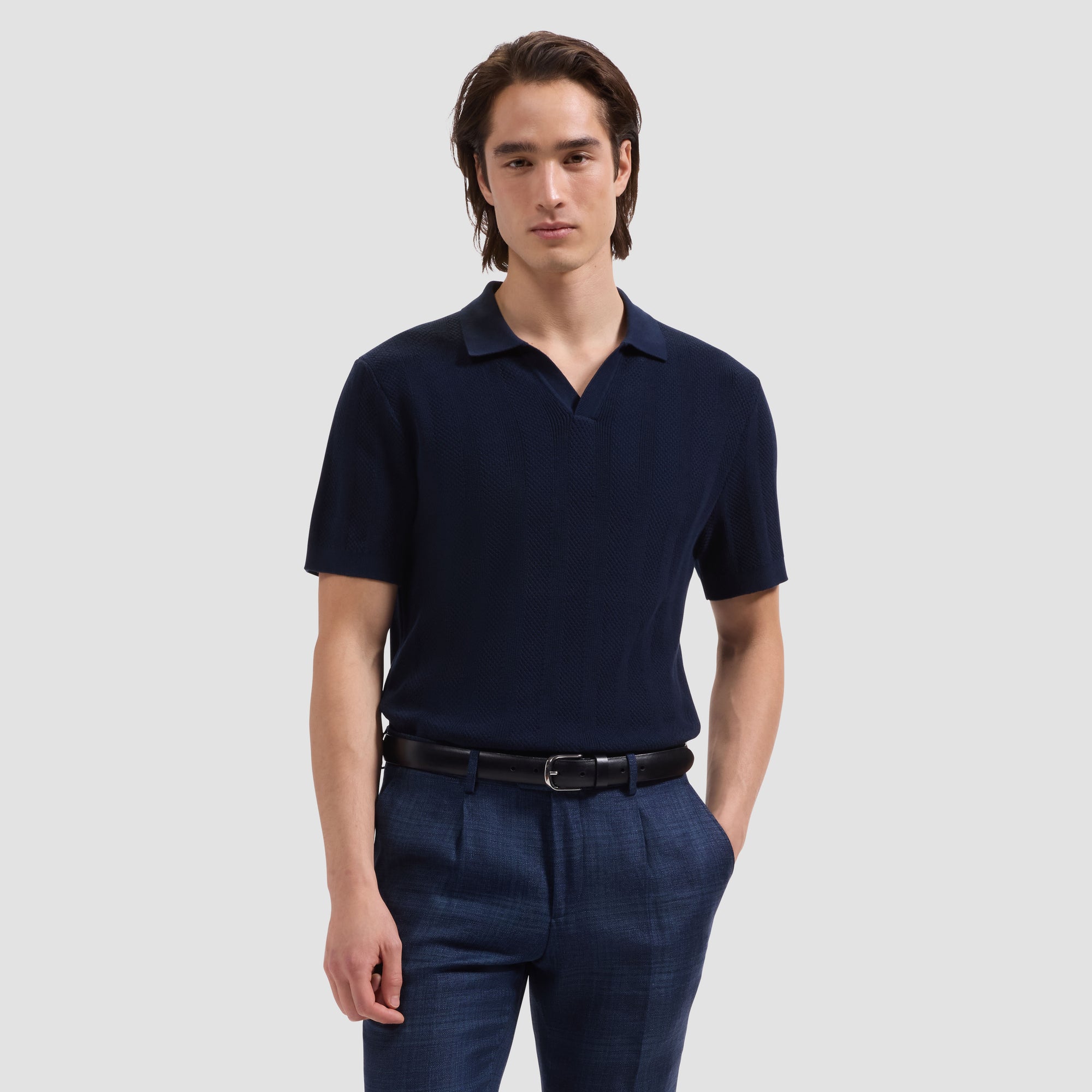 Textured Stripe Johnny Collar Short-Sleeve Sweater