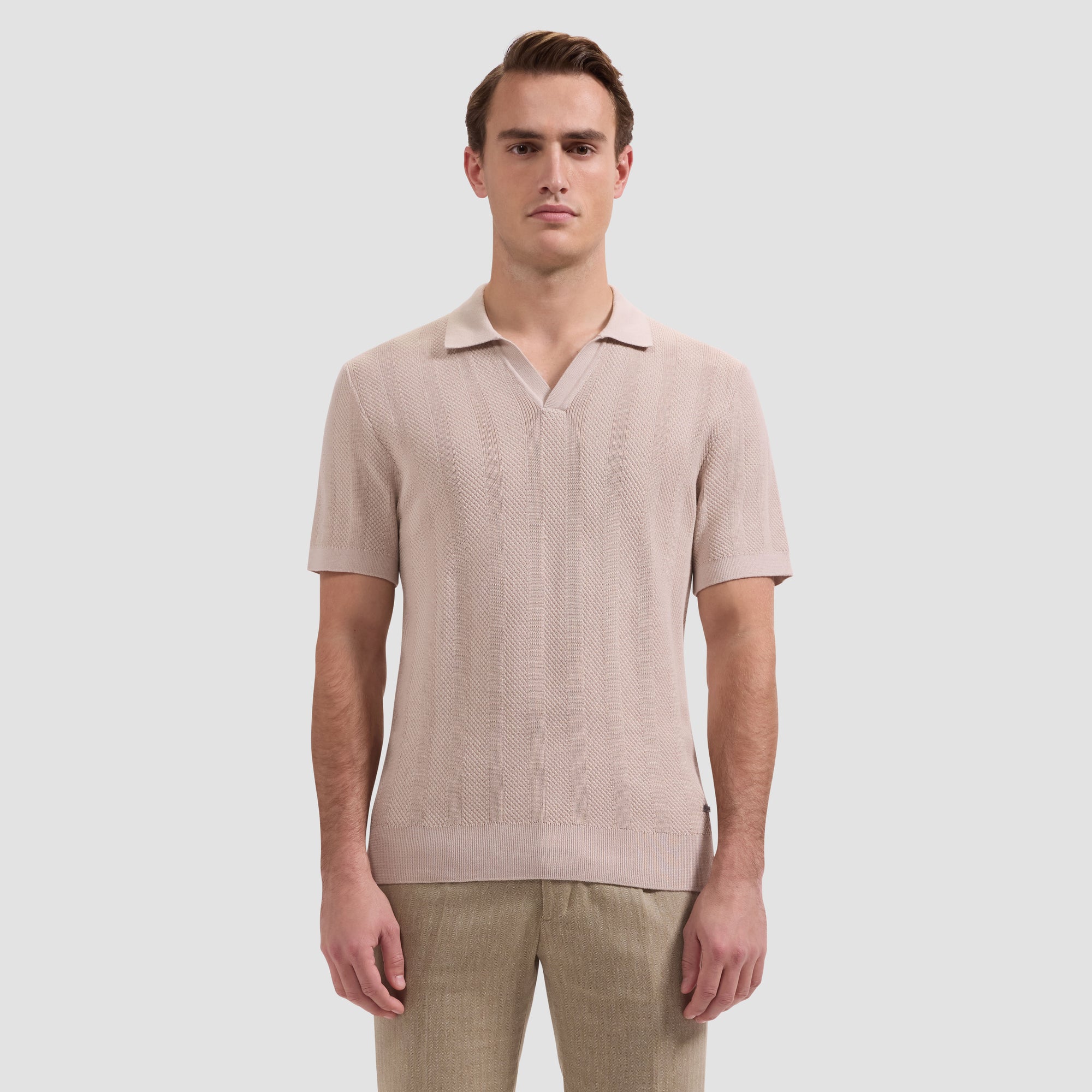 Textured Stripe Johnny Collar Short-Sleeve Sweater