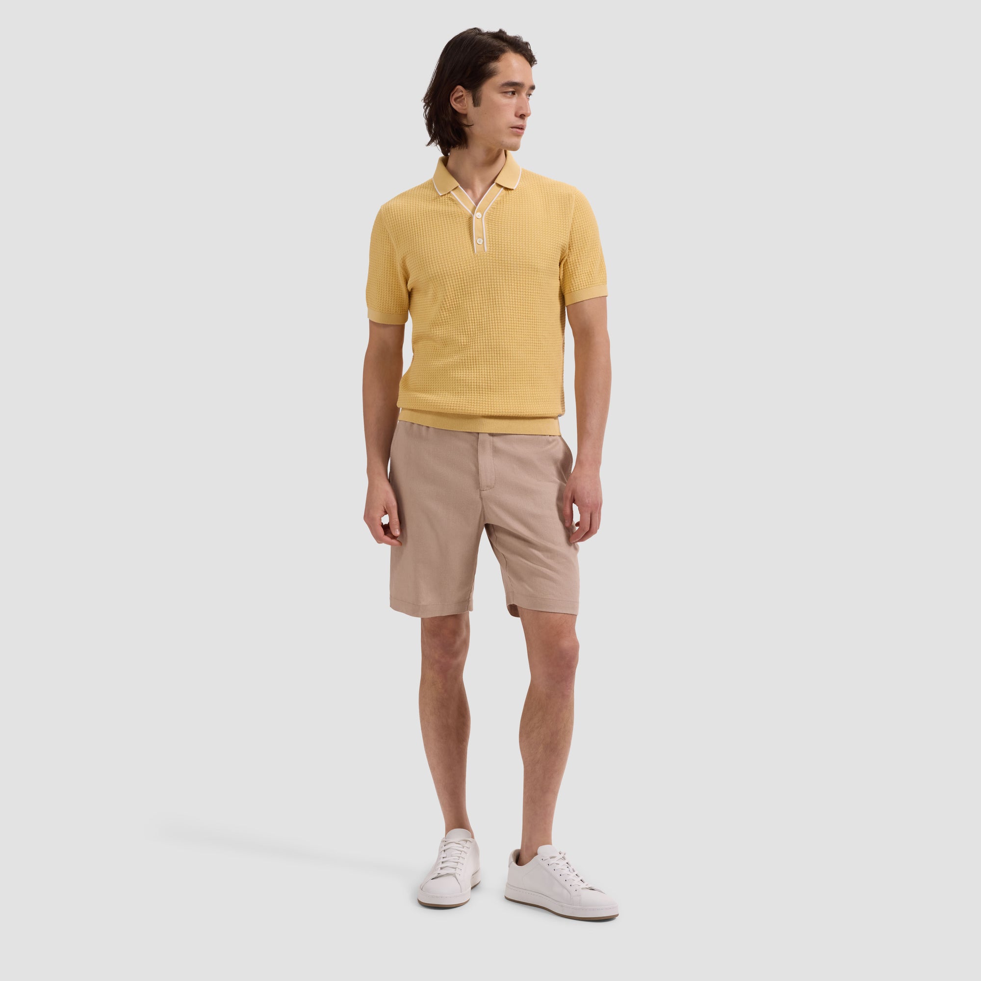Waffle Knit Johnny Collar Short-Sleeve Sweater