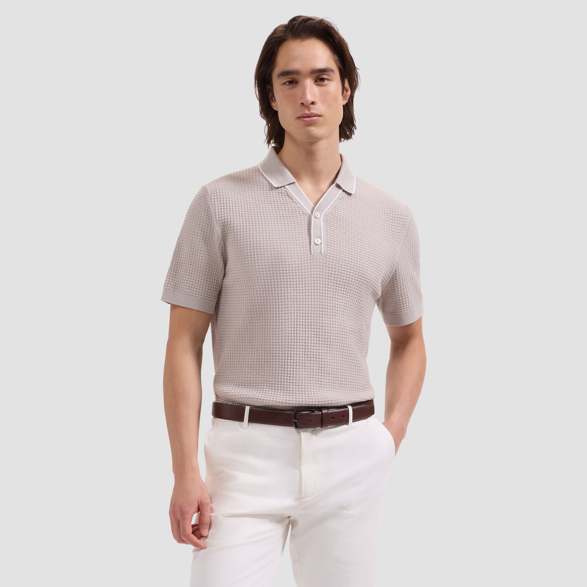 Waffle Knit Johnny Collar Short-Sleeve Sweater