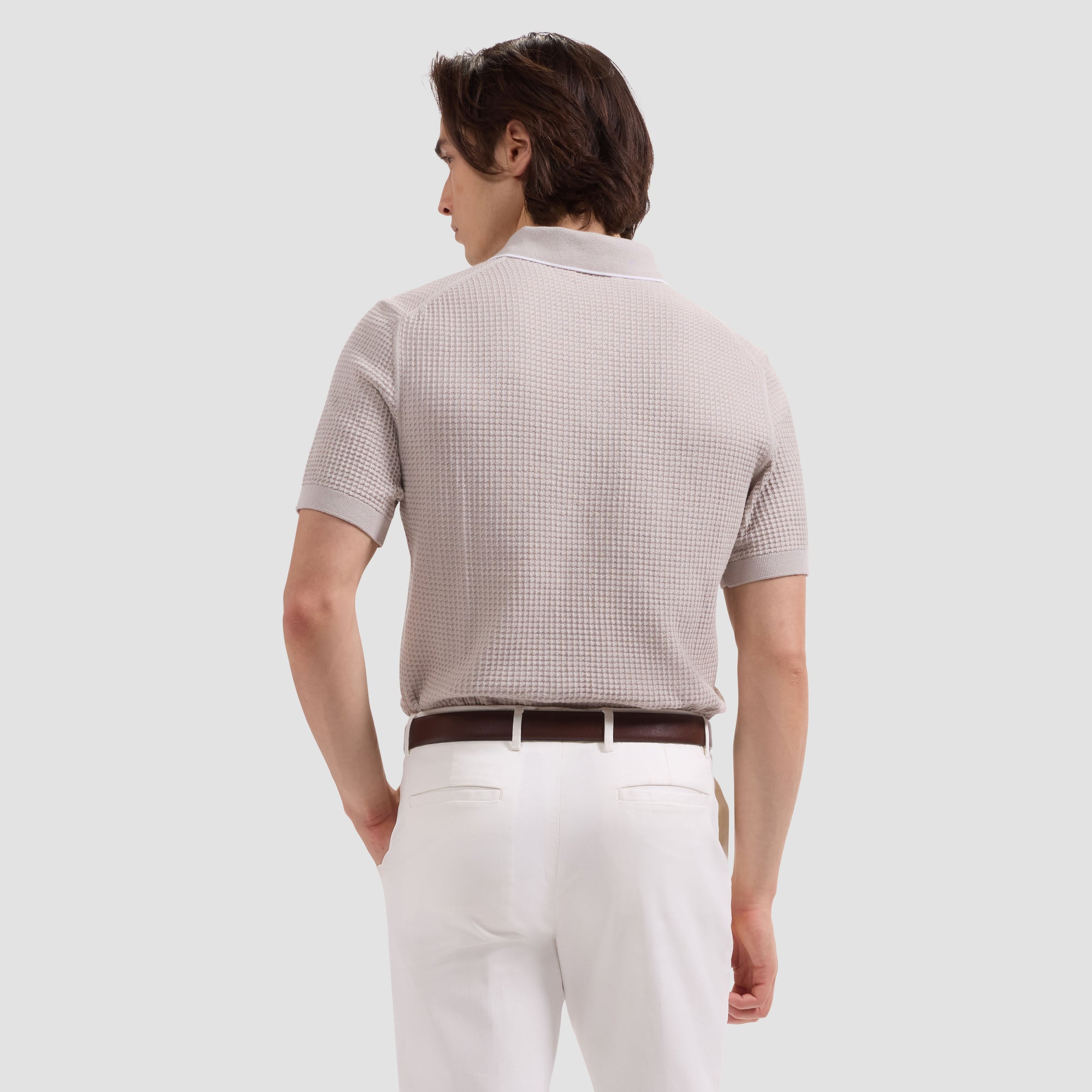 Waffle Knit Johnny Collar Short-Sleeve Sweater