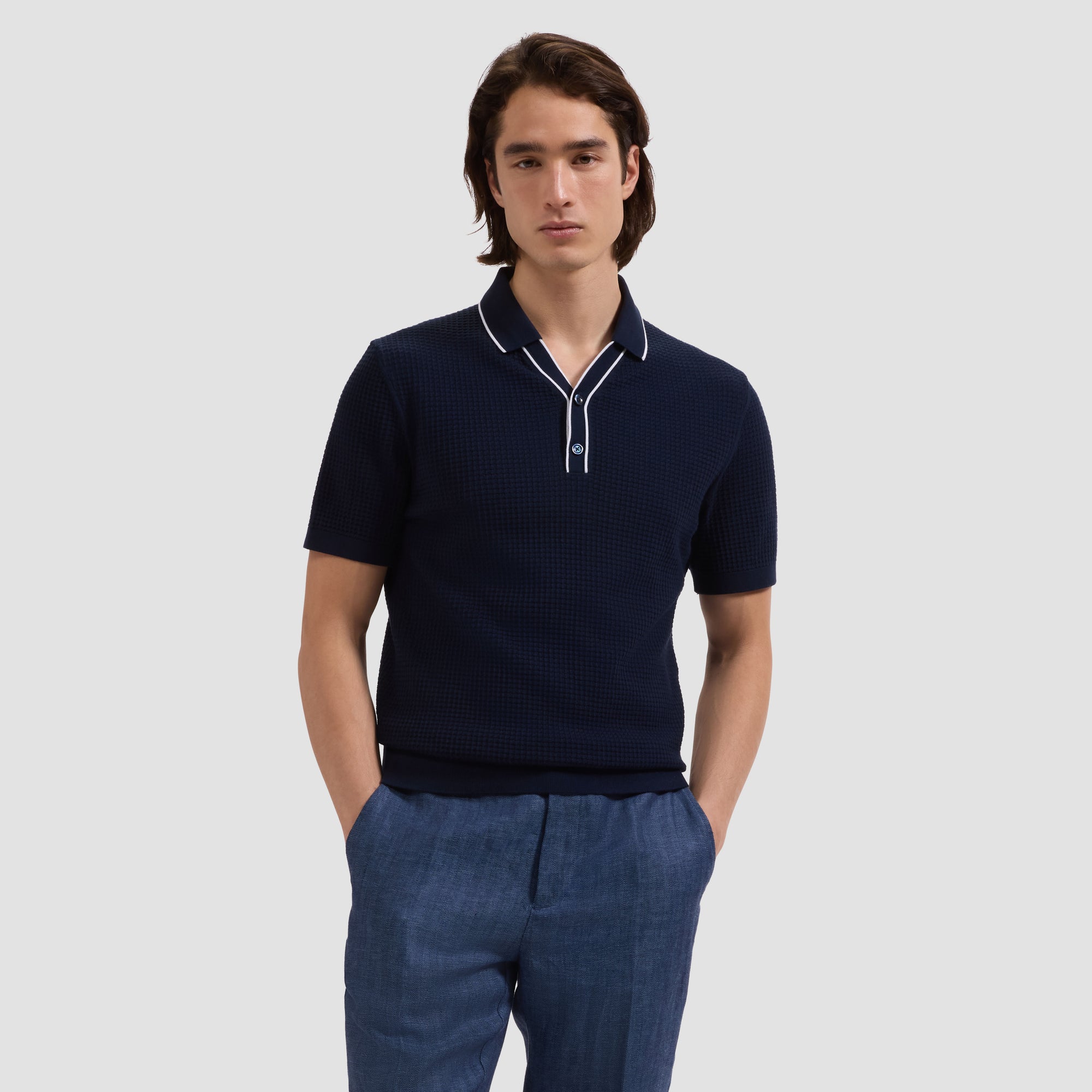 Waffle Knit Johnny Collar Short-Sleeve Sweater
