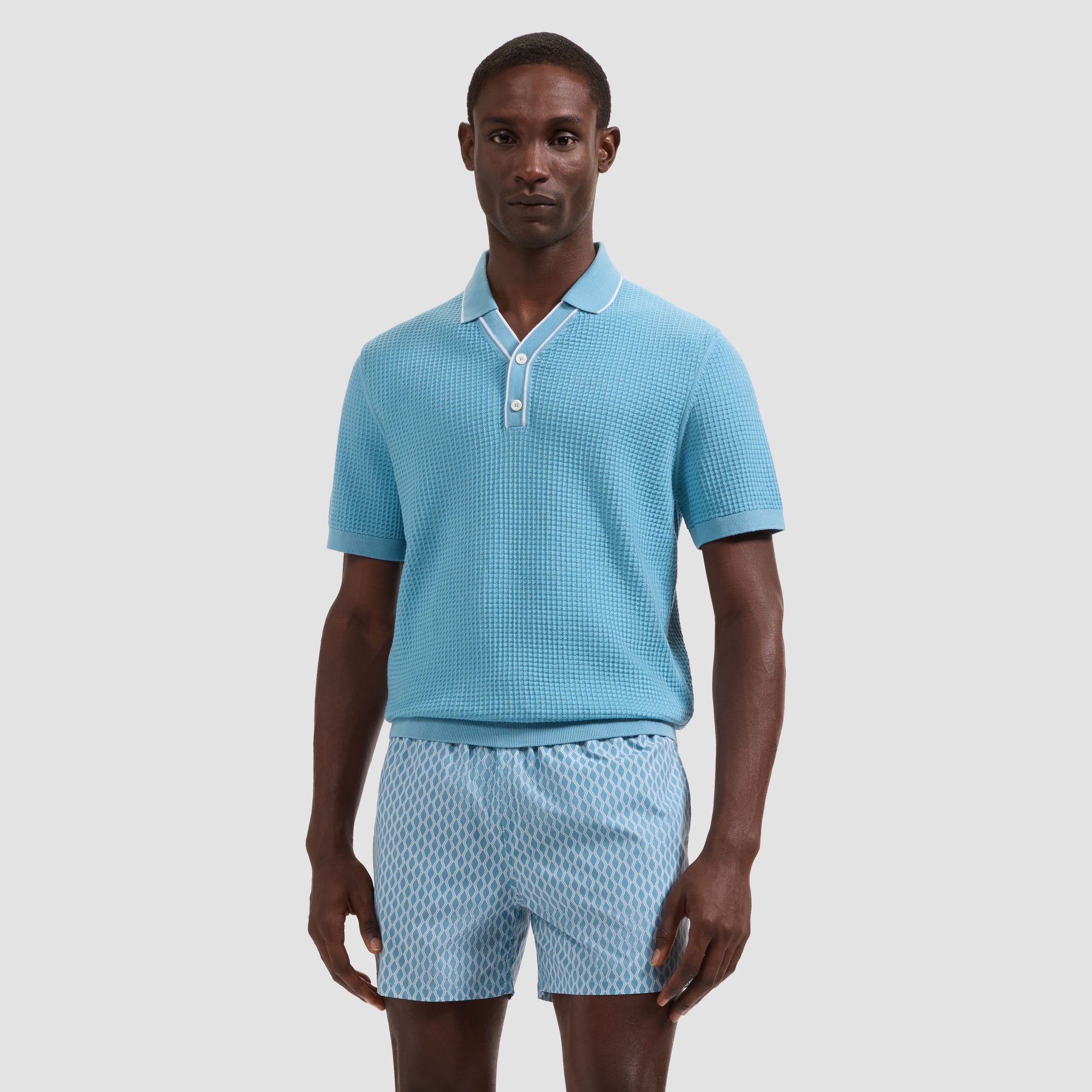 Waffle Knit Johnny Collar Short-Sleeve Sweater