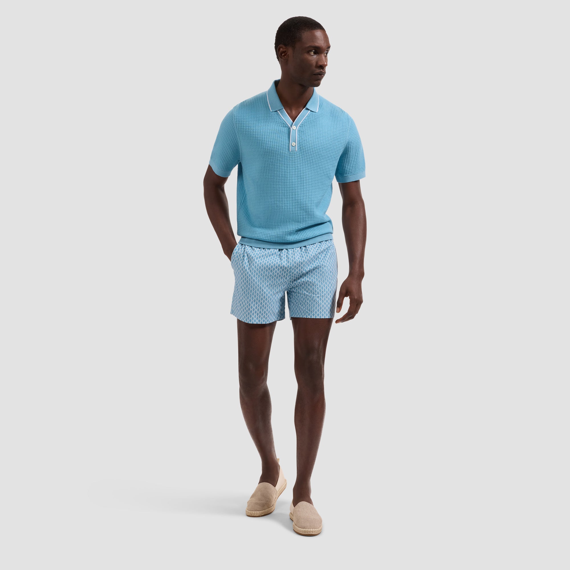 Waffle Knit Johnny Collar Short-Sleeve Sweater