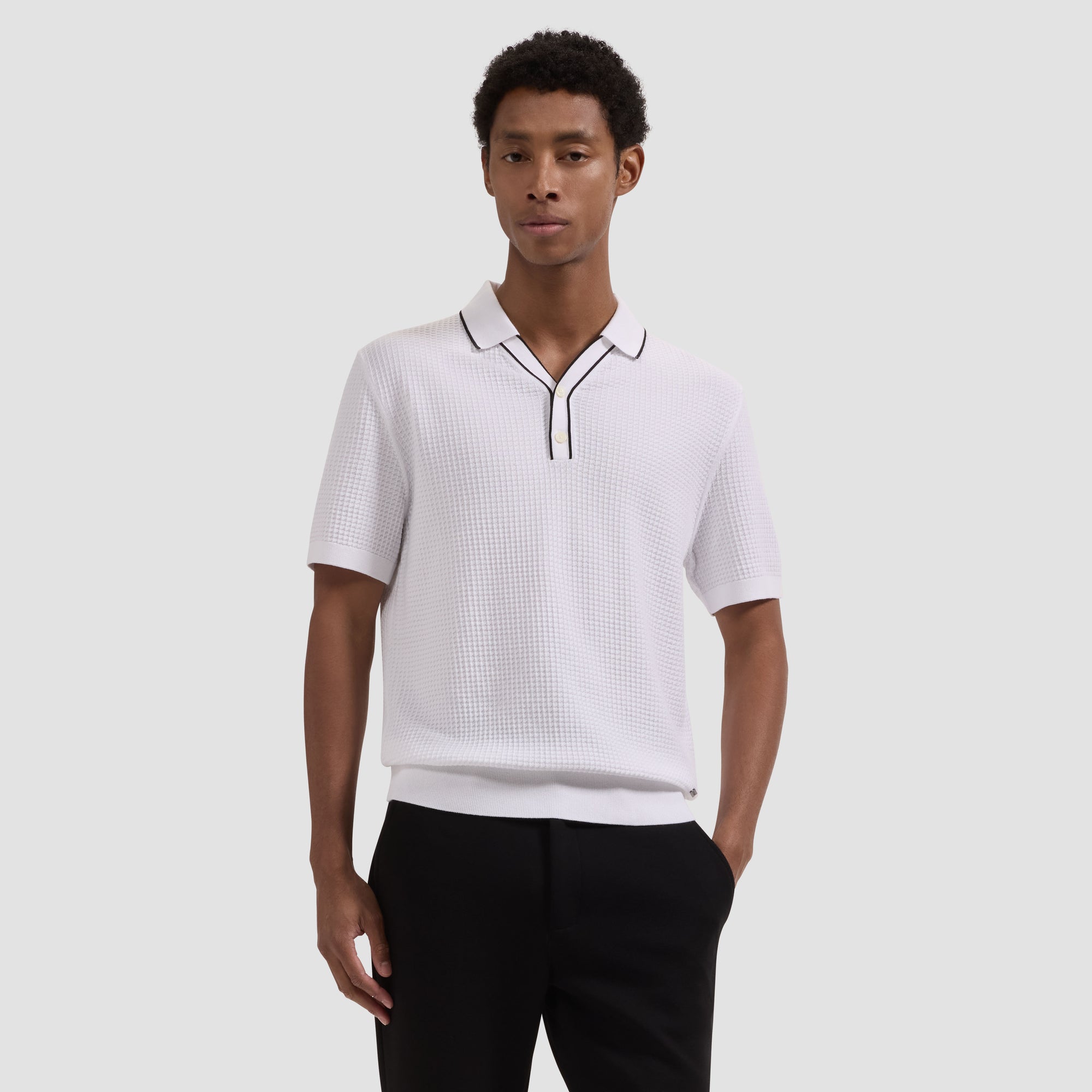 Waffle Knit Johnny Collar Short-Sleeve Sweater