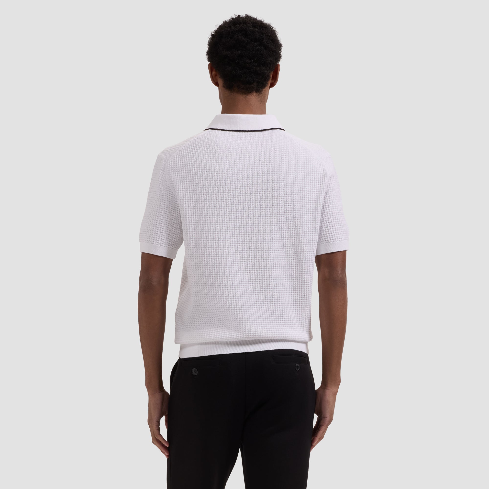 Waffle Knit Johnny Collar Short-Sleeve Sweater