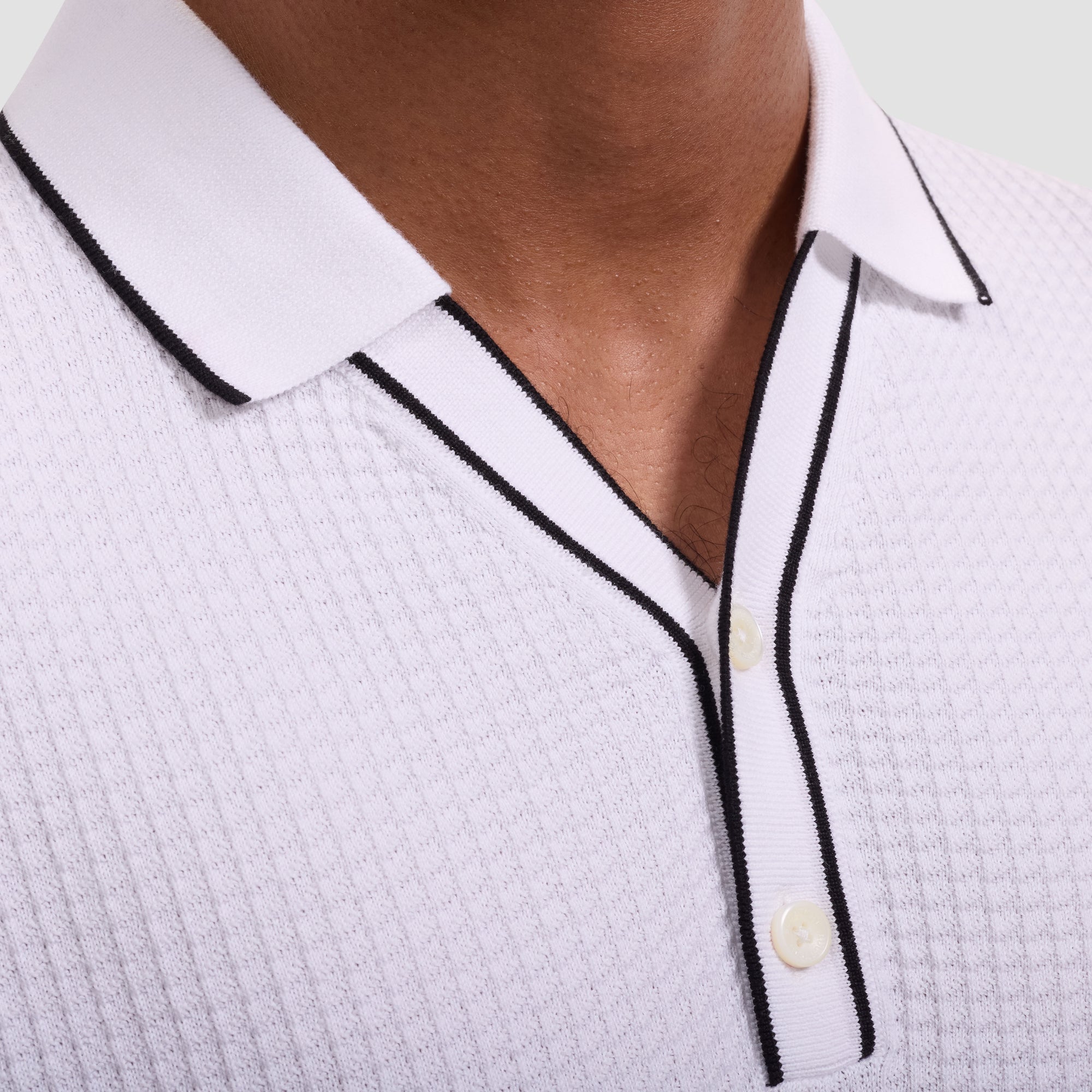 Waffle Knit Johnny Collar Short-Sleeve Sweater
