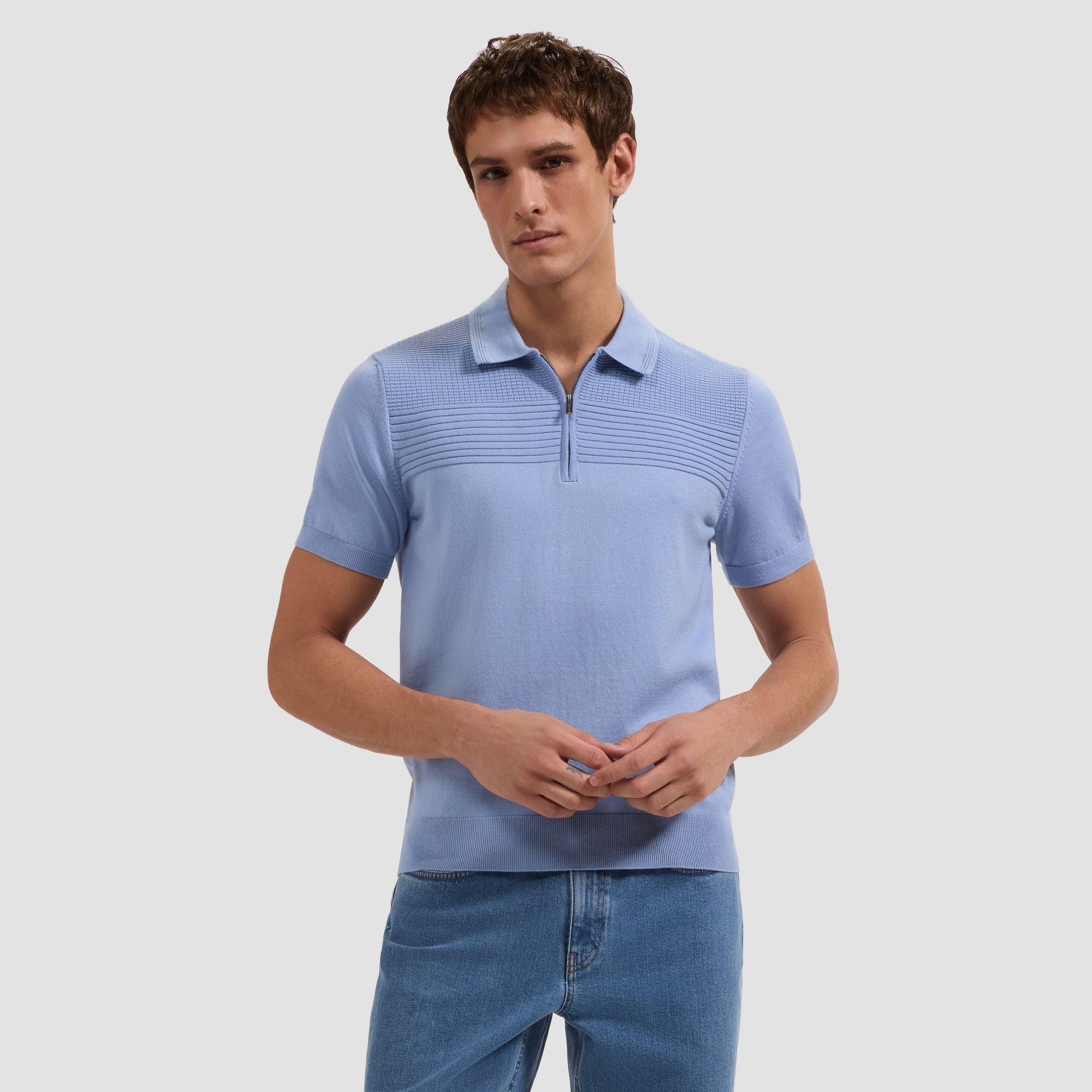 Waffle Panel Quarter Zip Short-Sleeve Polo Sweater