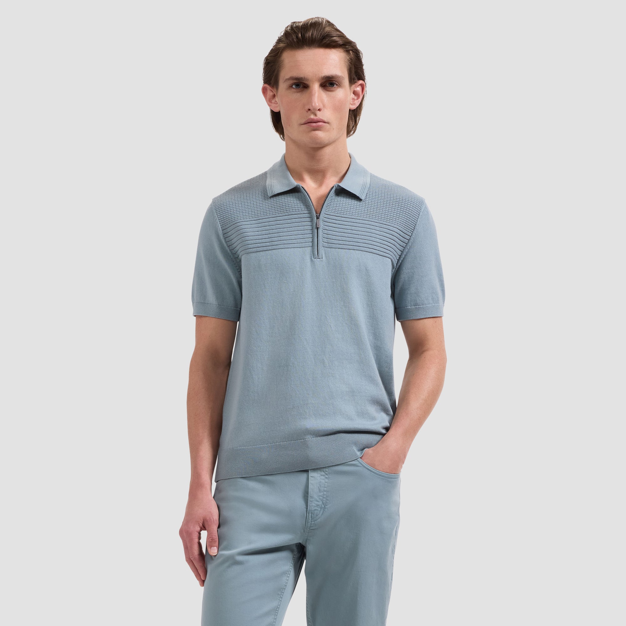 Waffle Panel Quarter Zip Short-Sleeve Polo Sweater