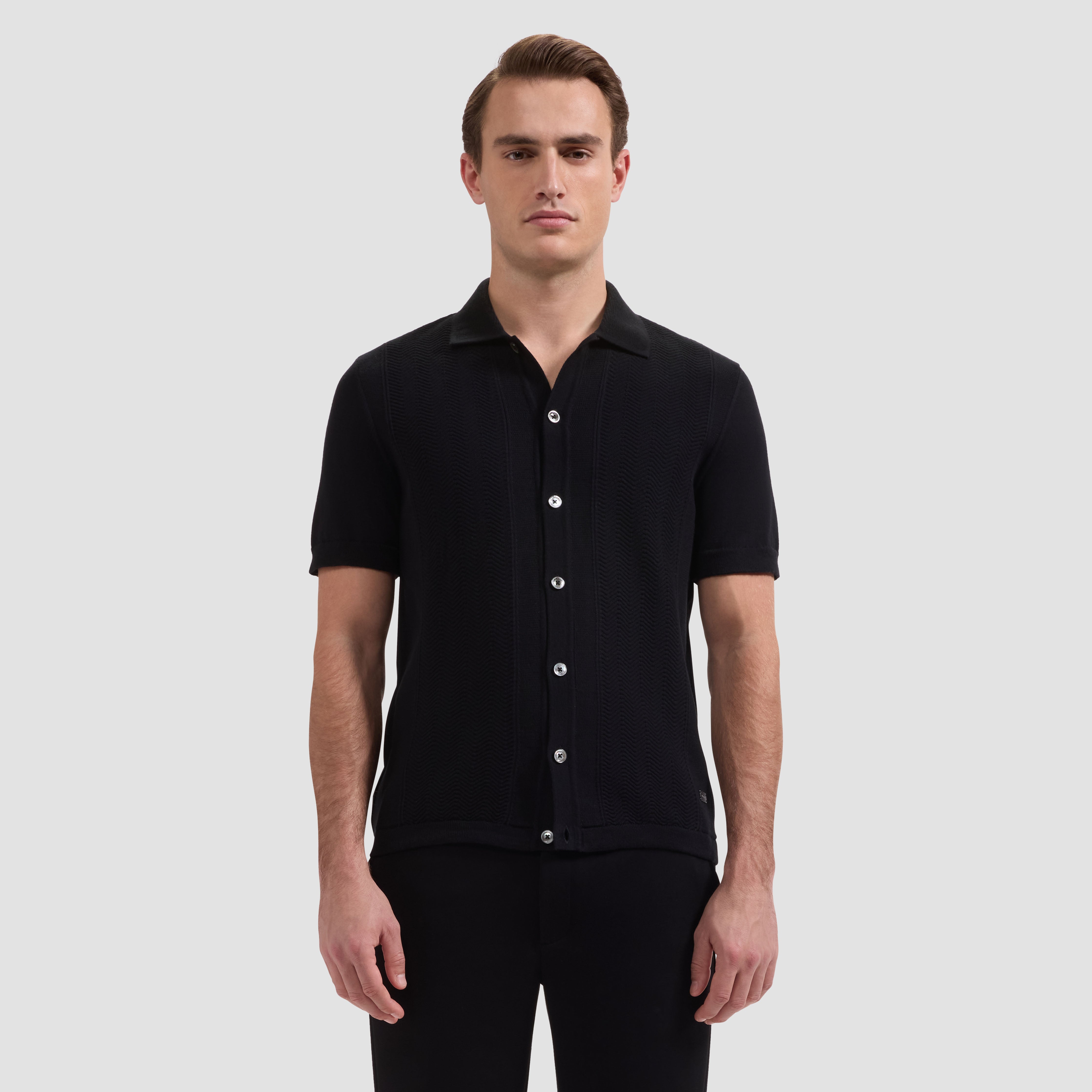 Chevron Button-Front Short-Sleeve Polo Sweater in Black – BUGATCHI