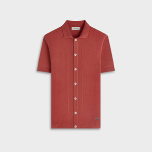 Chevron Button-Front Short-Sleeve Polo Sweater