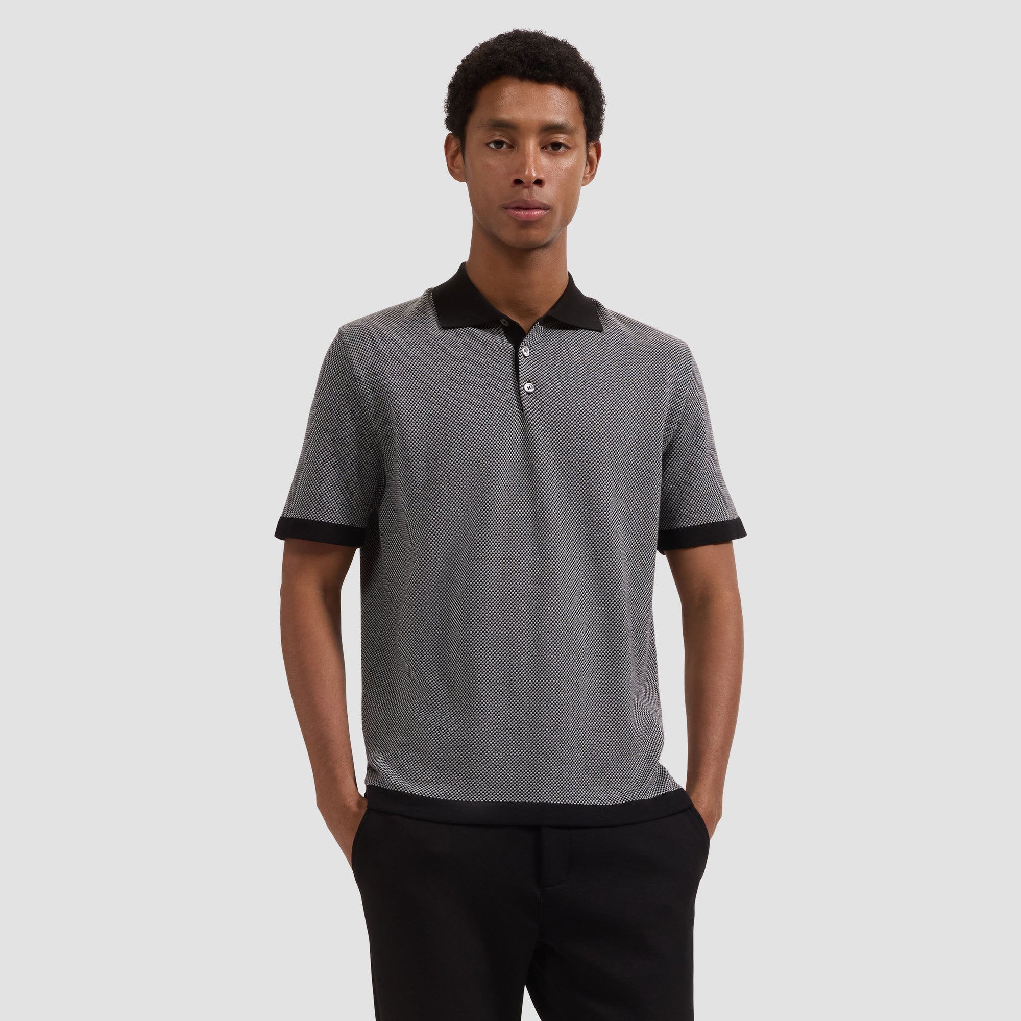 Textured Jacquard Short-Sleeve Polo Sweater