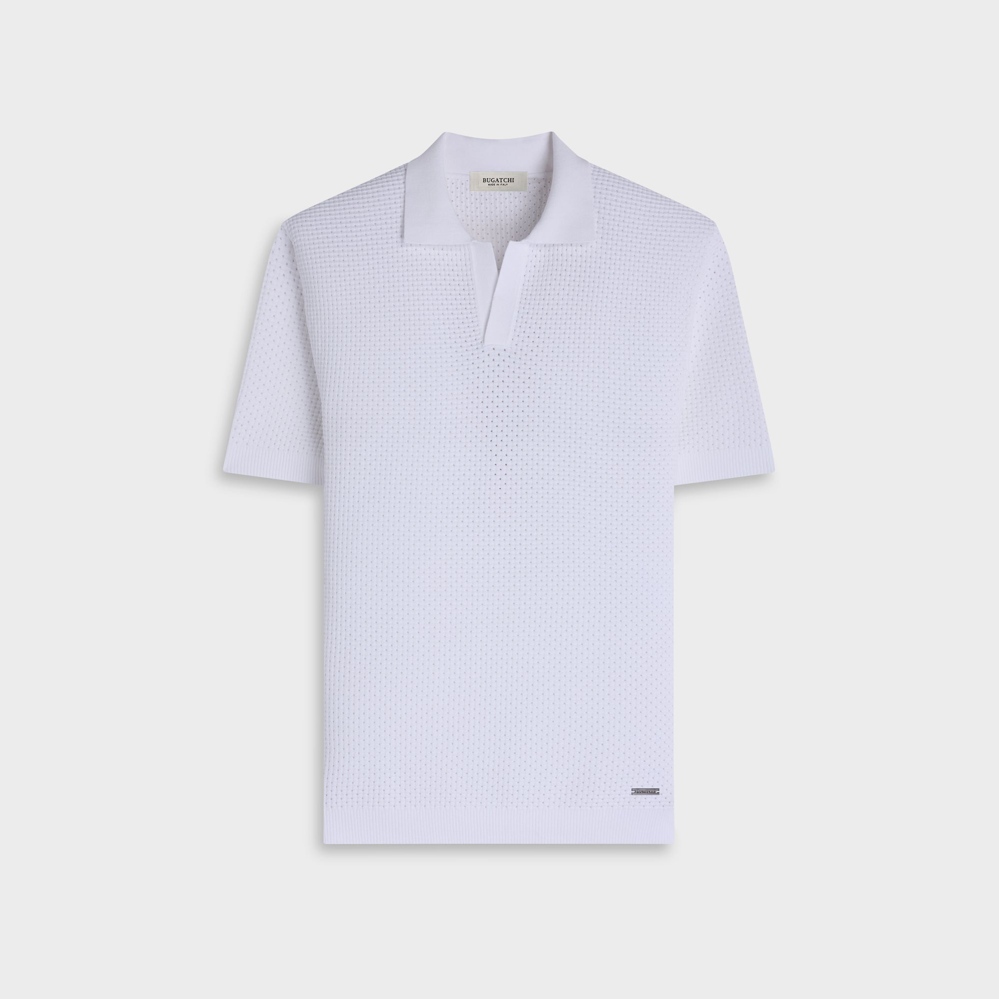 Open-Lattice Johnny Collar Short-Sleeve Sweater