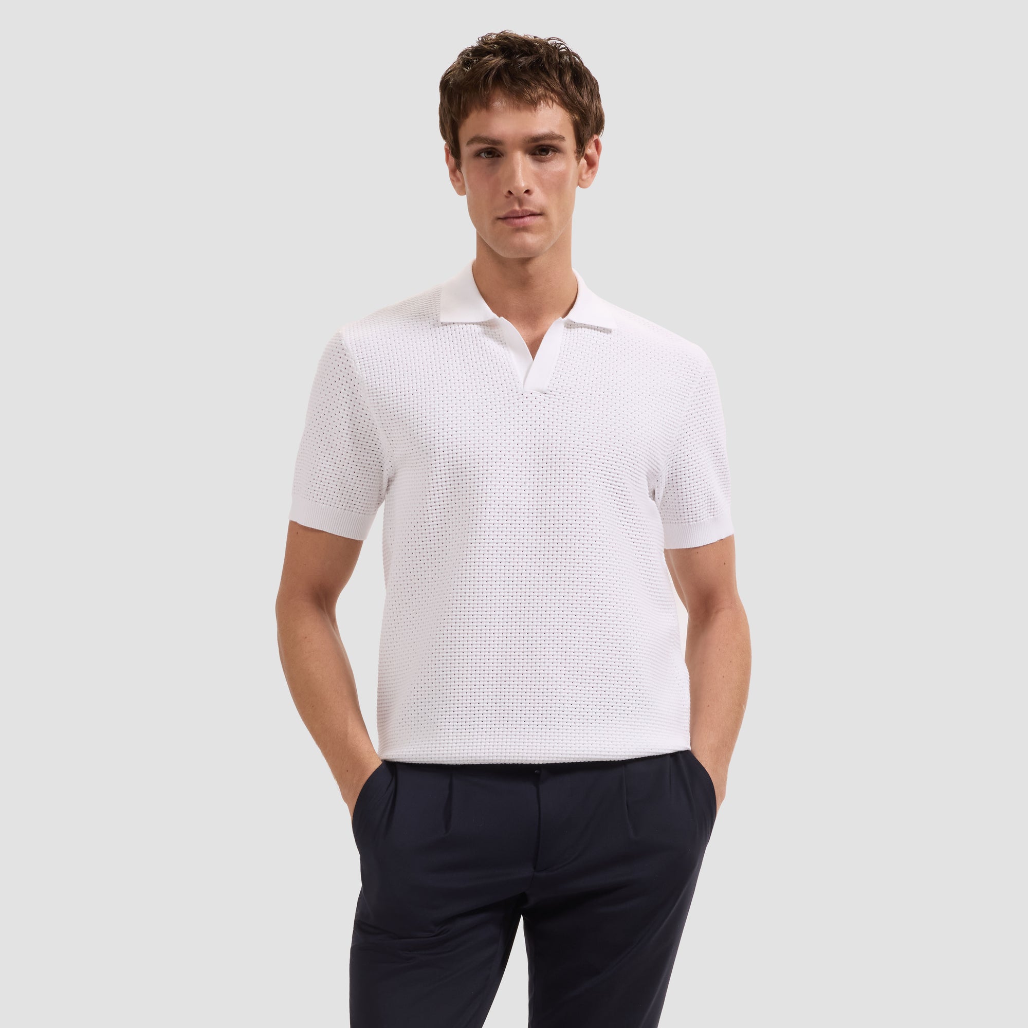 Open-Lattice Johnny Collar Short-Sleeve Sweater
