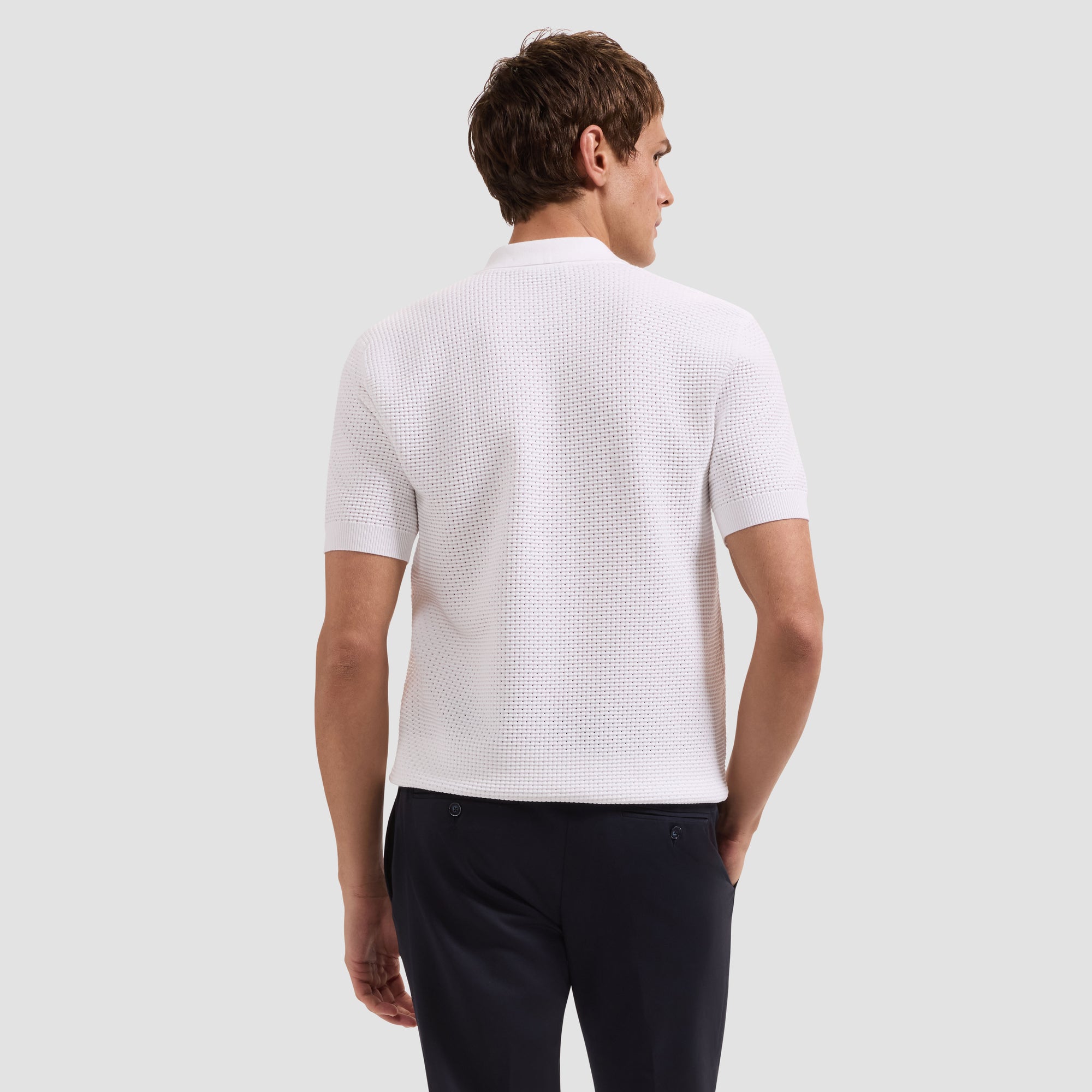 Open-Lattice Johnny Collar Short-Sleeve Sweater
