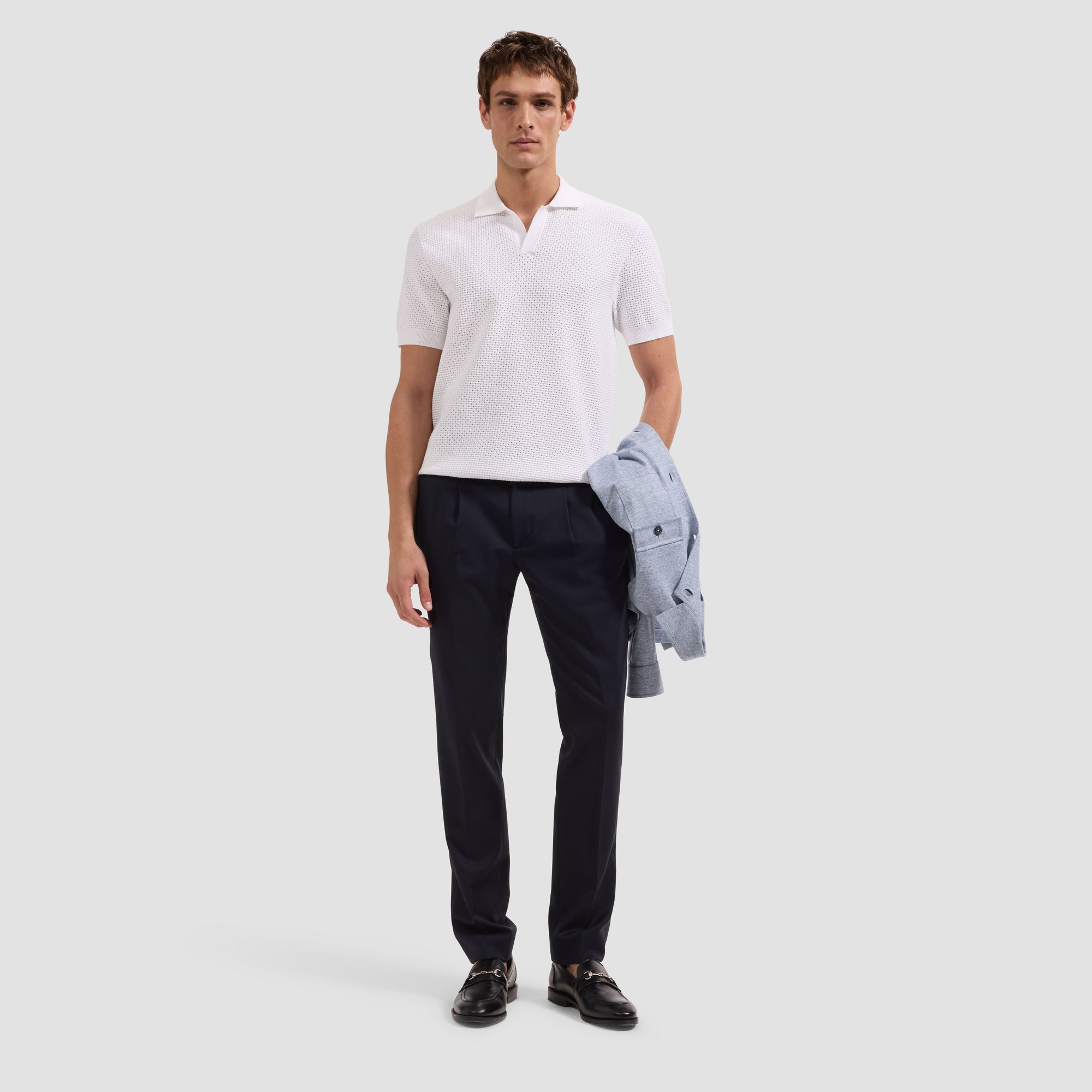 Open-Lattice Johnny Collar Short-Sleeve Sweater