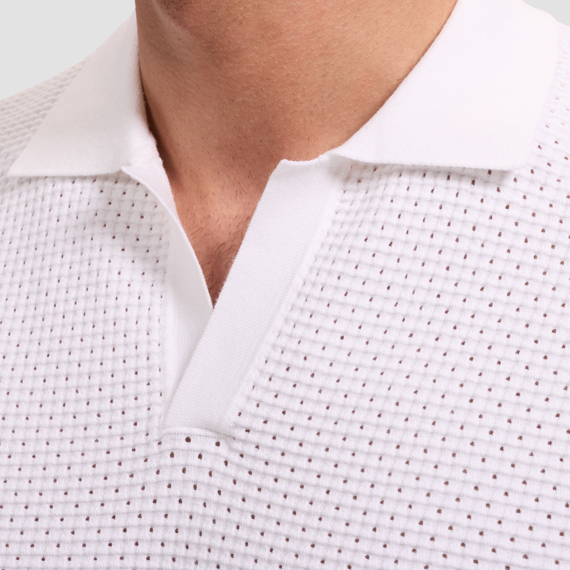 Open-Lattice Johnny Collar Short-Sleeve Sweater