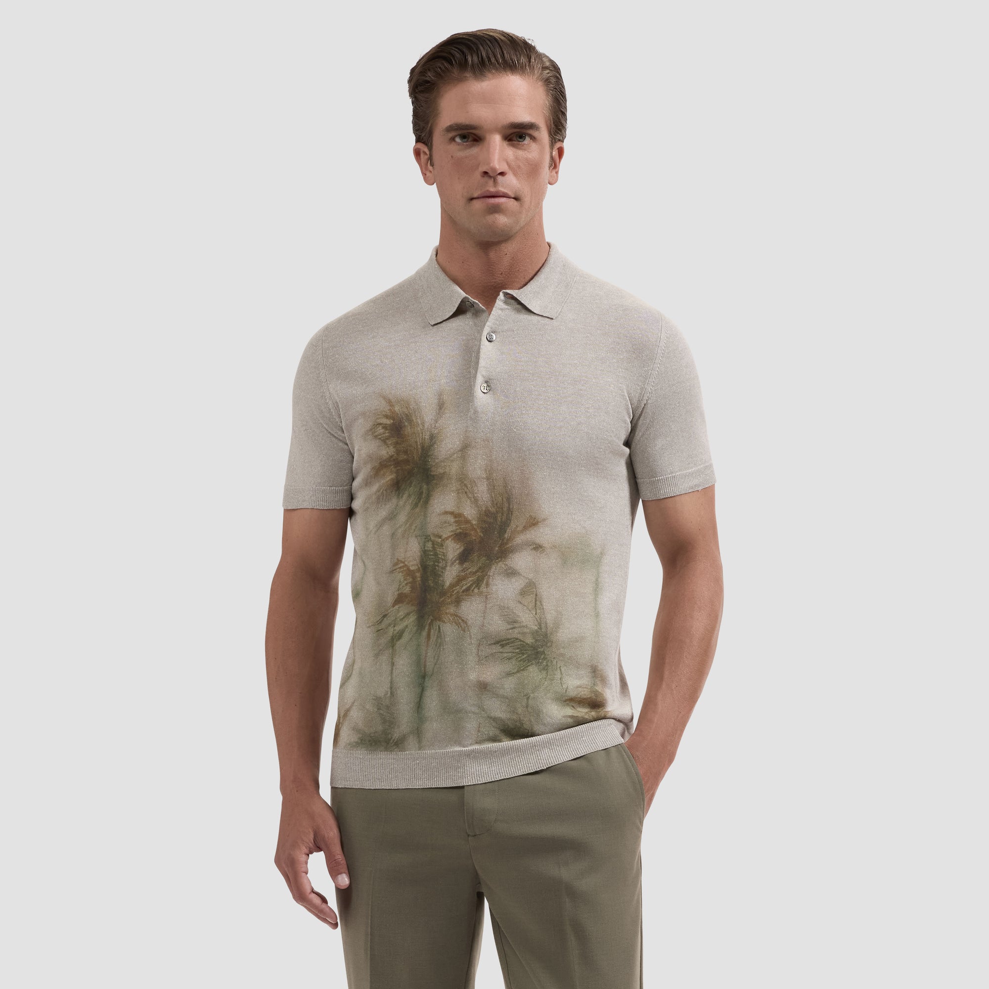 Palm Print Short-Sleeve Polo Sweater