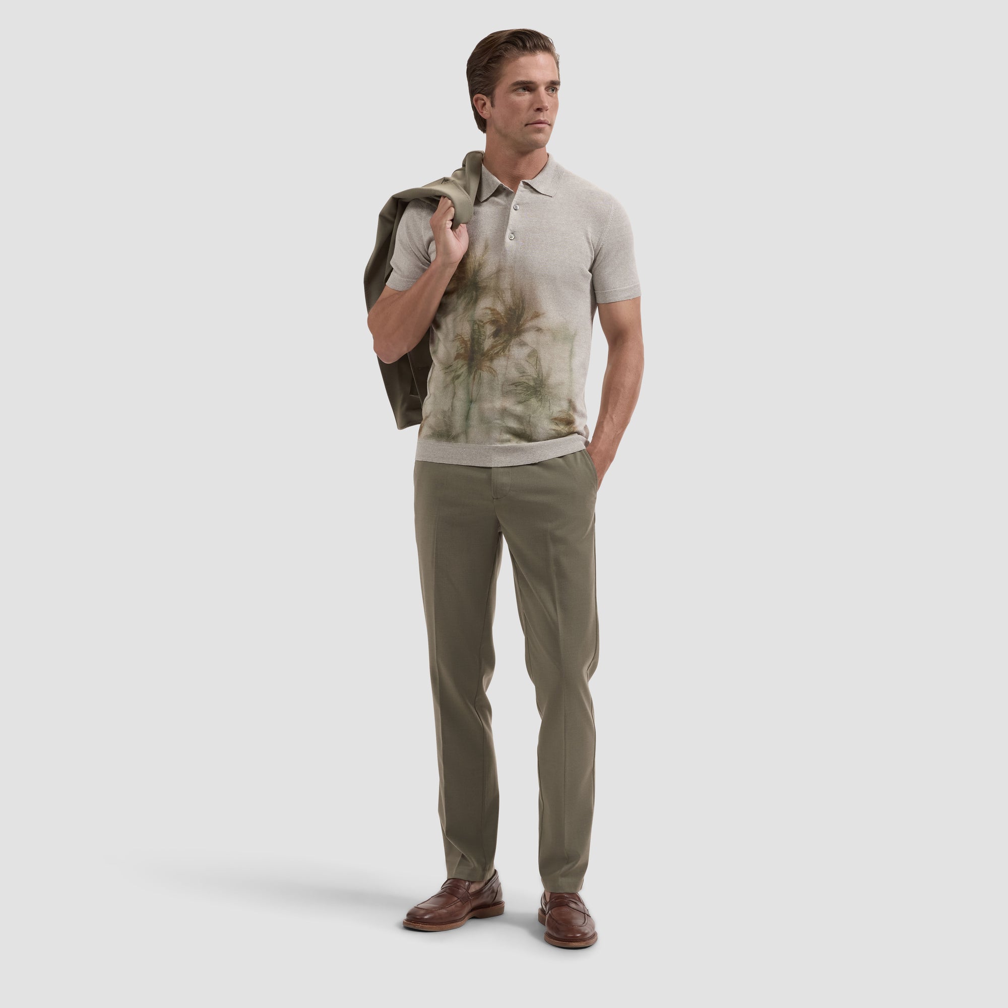 Palm Print Short-Sleeve Polo Sweater